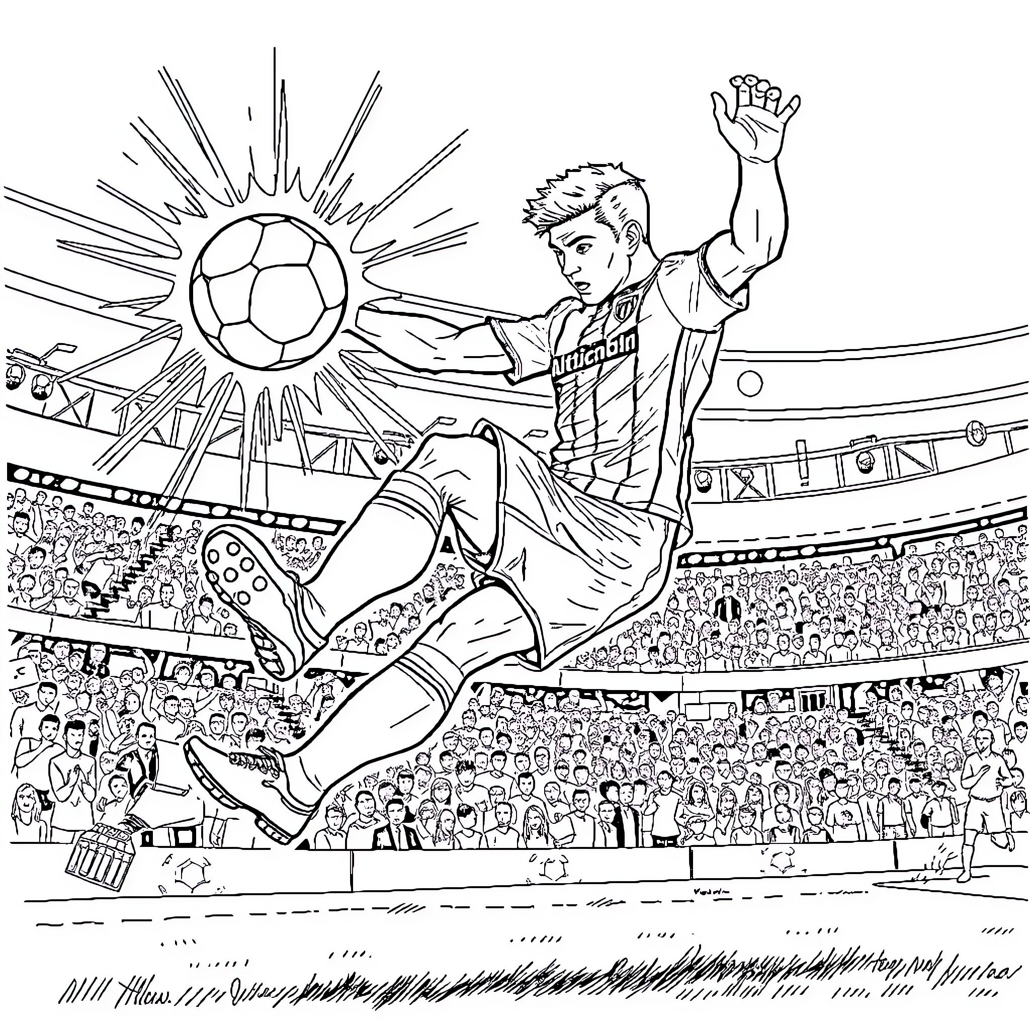 Oliver Atom scoring a goal in an intense soccer match Coloring Page (free black-and-white line drawing printable PDF for all, from beginners to advanced learners, including children, teens, adults, and seniors)