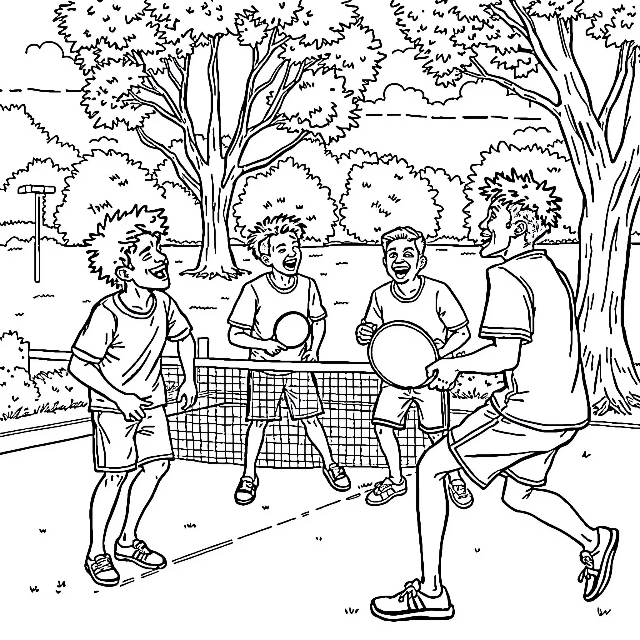 Homies playing friendly tennis match in the park Coloring Page (free black-and-white line drawing printable PDF for all, from beginners to advanced learners, including children, teens, adults, and seniors)