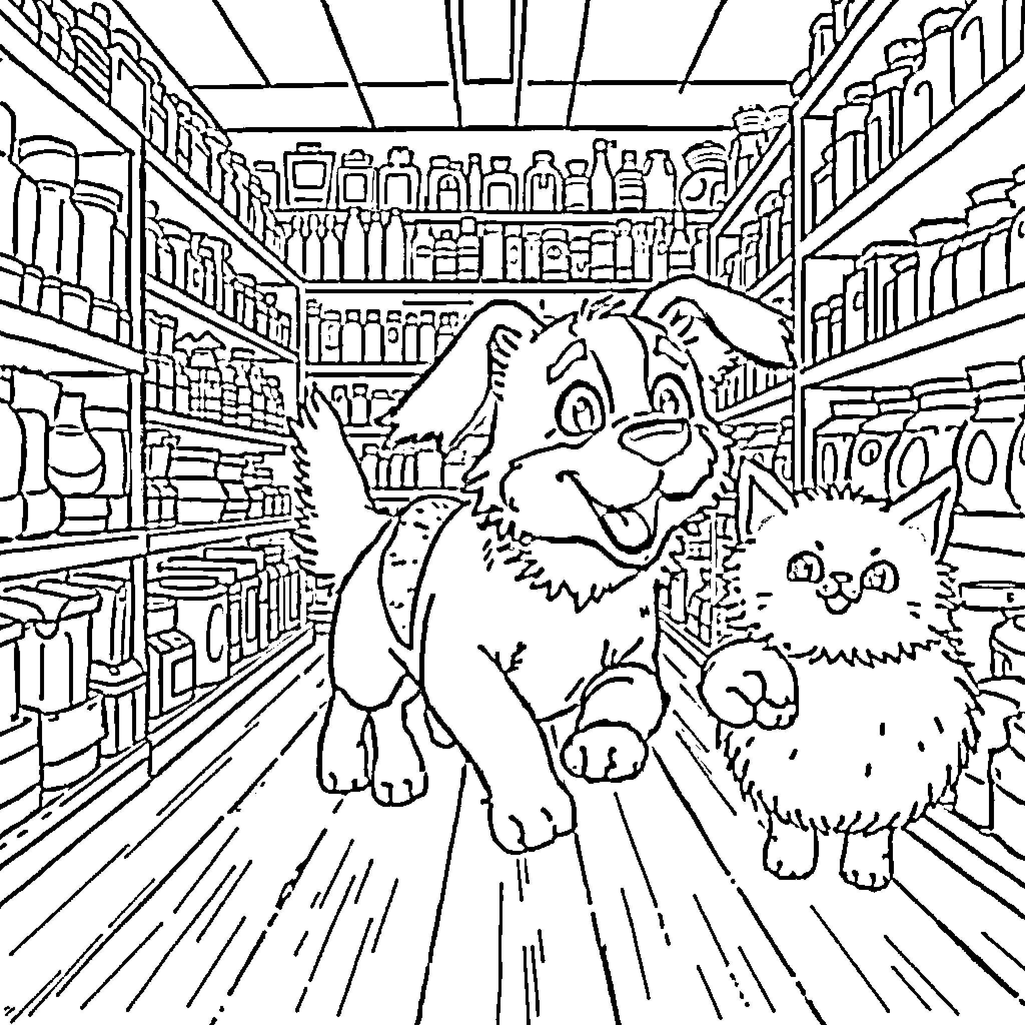 Dog Exploring the Colorful Pet Store Coloring Page (free black-and-white line drawing printable PDF for all, from beginners to advanced learners, including children, teens, adults, and seniors)