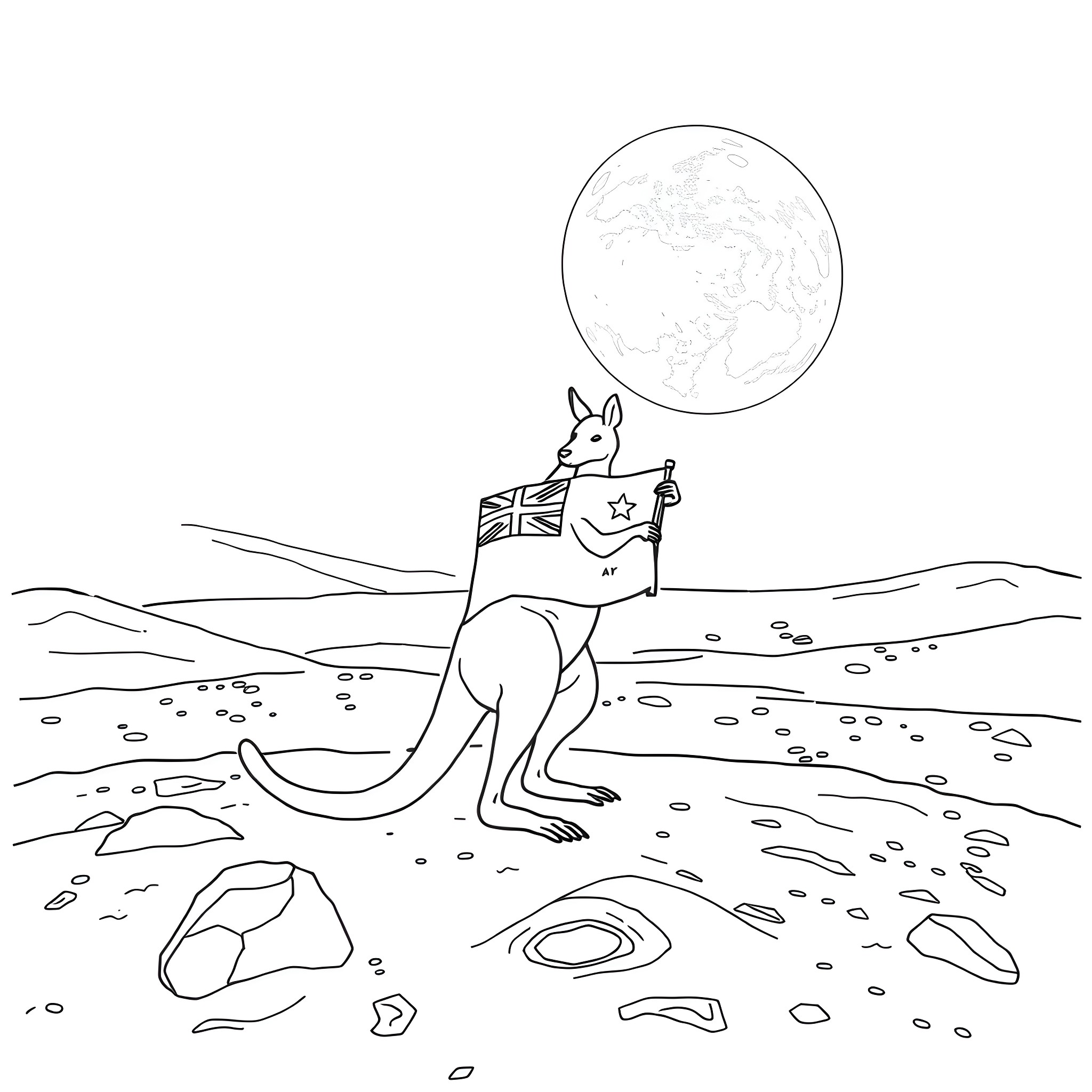 Kangaroo holding a British flag in a desert landscape Coloring Page (free black-and-white line drawing printable PDF for all, from beginners to advanced learners, including children, teens, adults, and seniors)