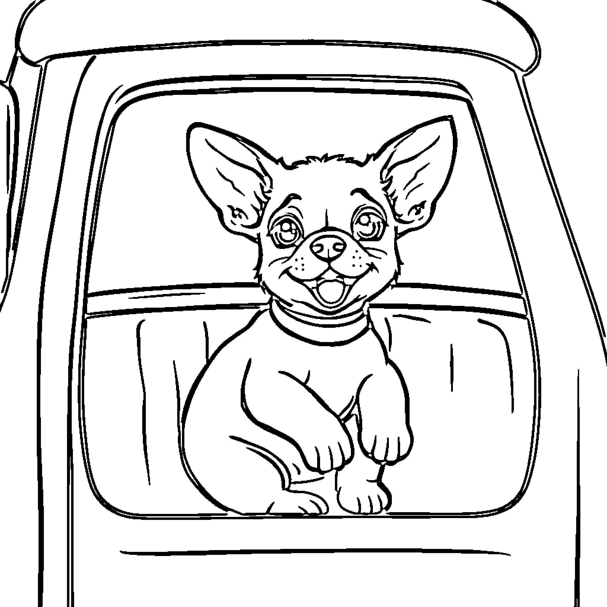 Puppy looking out from a car window Coloring Page (free black-and-white line drawing printable PDF for all, from beginners to advanced learners, including children, teens, adults, and seniors)