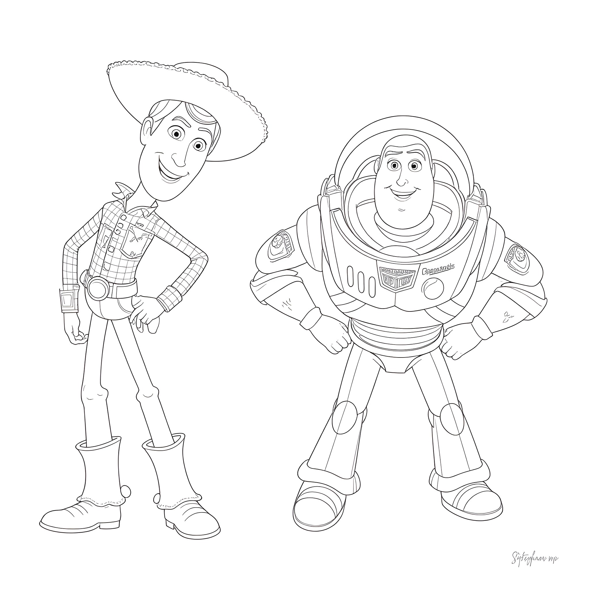 Toy Story Characters in Action Poses Coloring Page (free black-and-white line drawing printable PDF for all, from beginners to advanced learners, including children, teens, adults, and seniors)