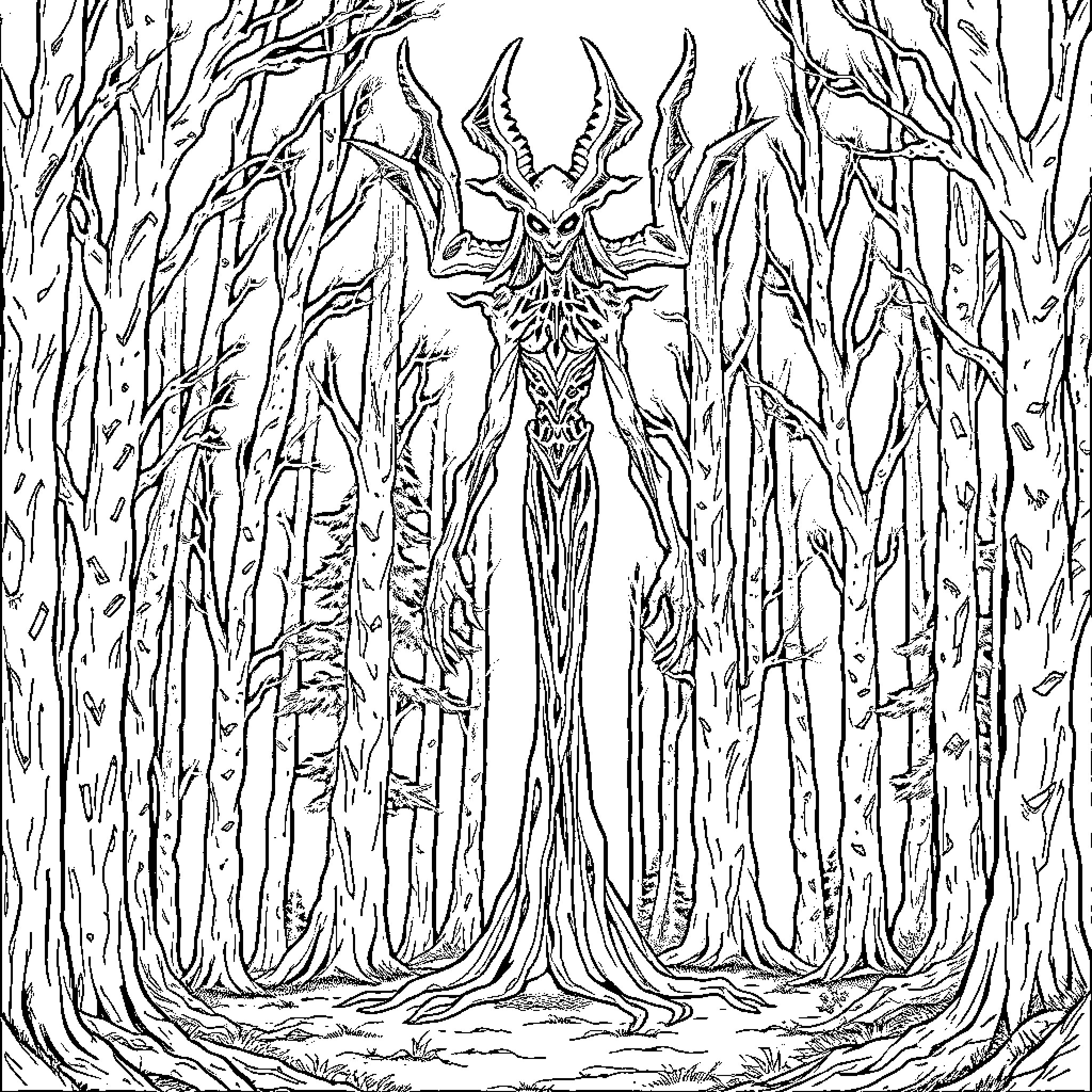 Sirenhead emerging from the eerie forest Coloring Page (free black-and-white line drawing printable PDF for all, from beginners to advanced learners, including children, teens, adults, and seniors)
