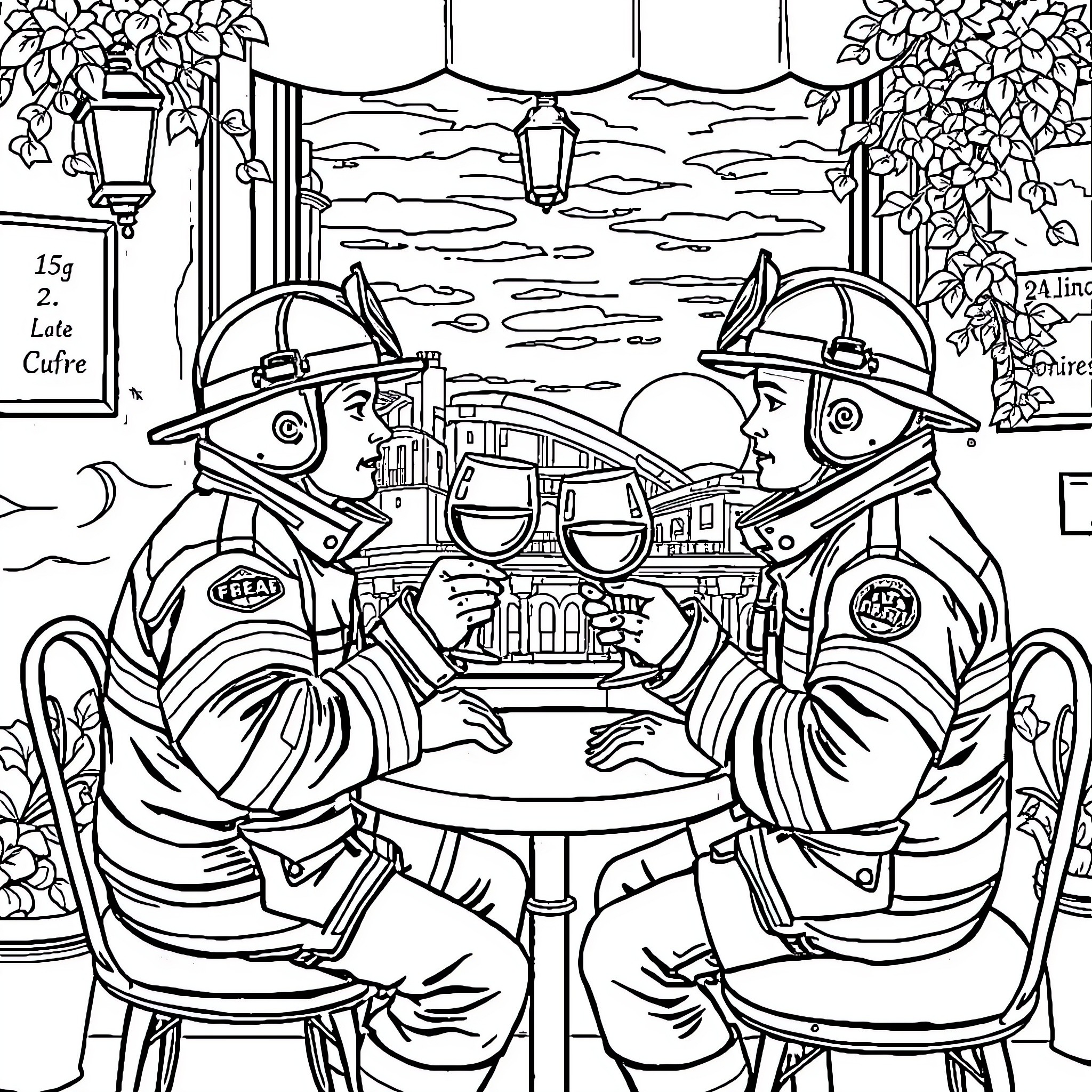 Firefighters Discussing Strategy in Outdoor Setting Coloring Page (free black-and-white line drawing printable PDF for all, from beginners to advanced learners, including children, teens, adults, and seniors)