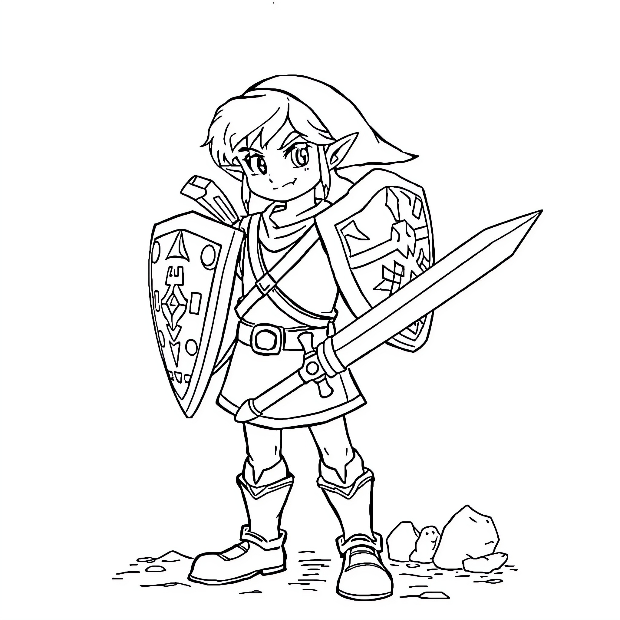 Link adventuring with shield and sword Coloring Page (free black-and-white line drawing printable PDF for all, from beginners to advanced learners, including children, teens, adults, and seniors)