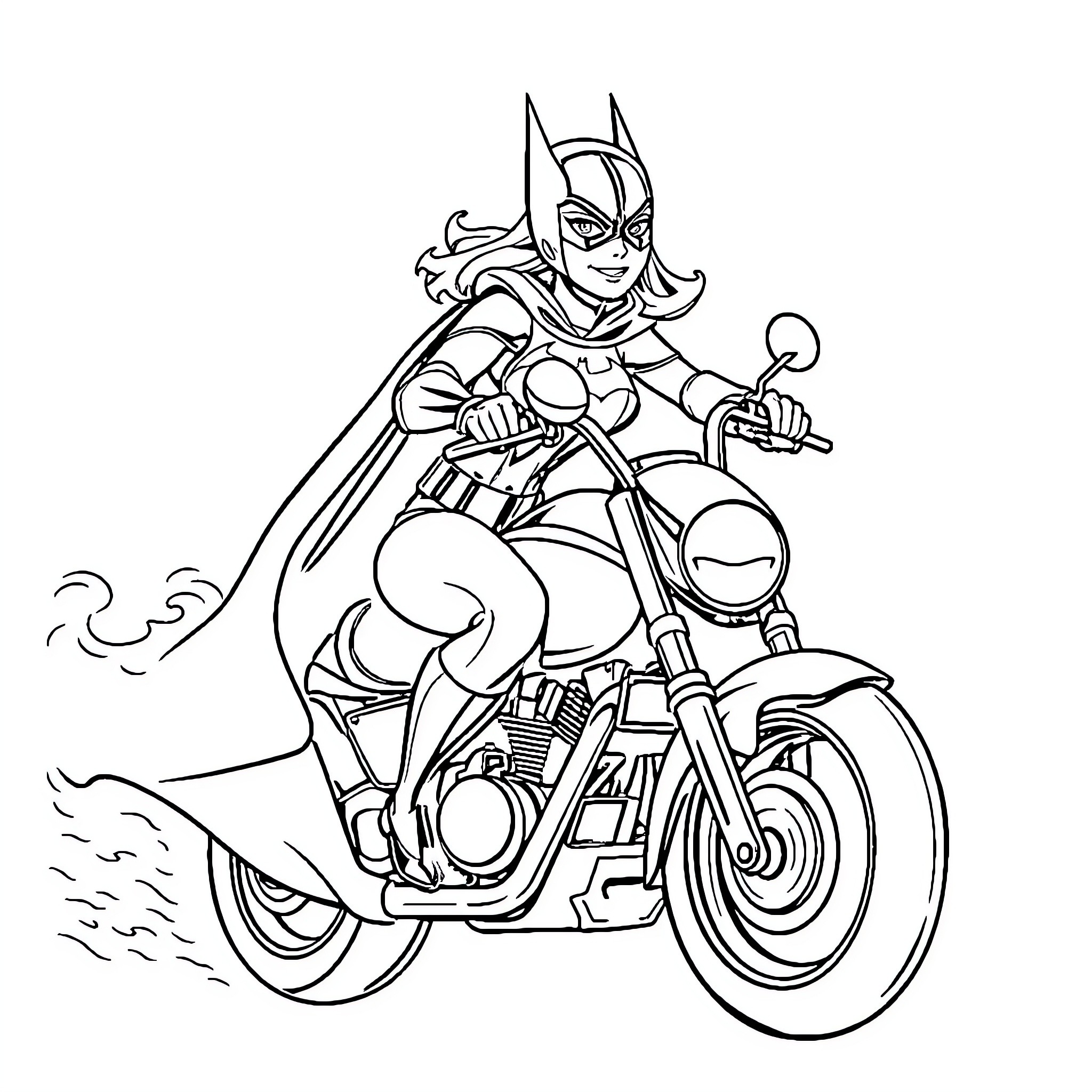 Batman riding a motorcycle with determination Coloring Page (free black-and-white line drawing printable PDF for all, from beginners to advanced learners, including children, teens, adults, and seniors)