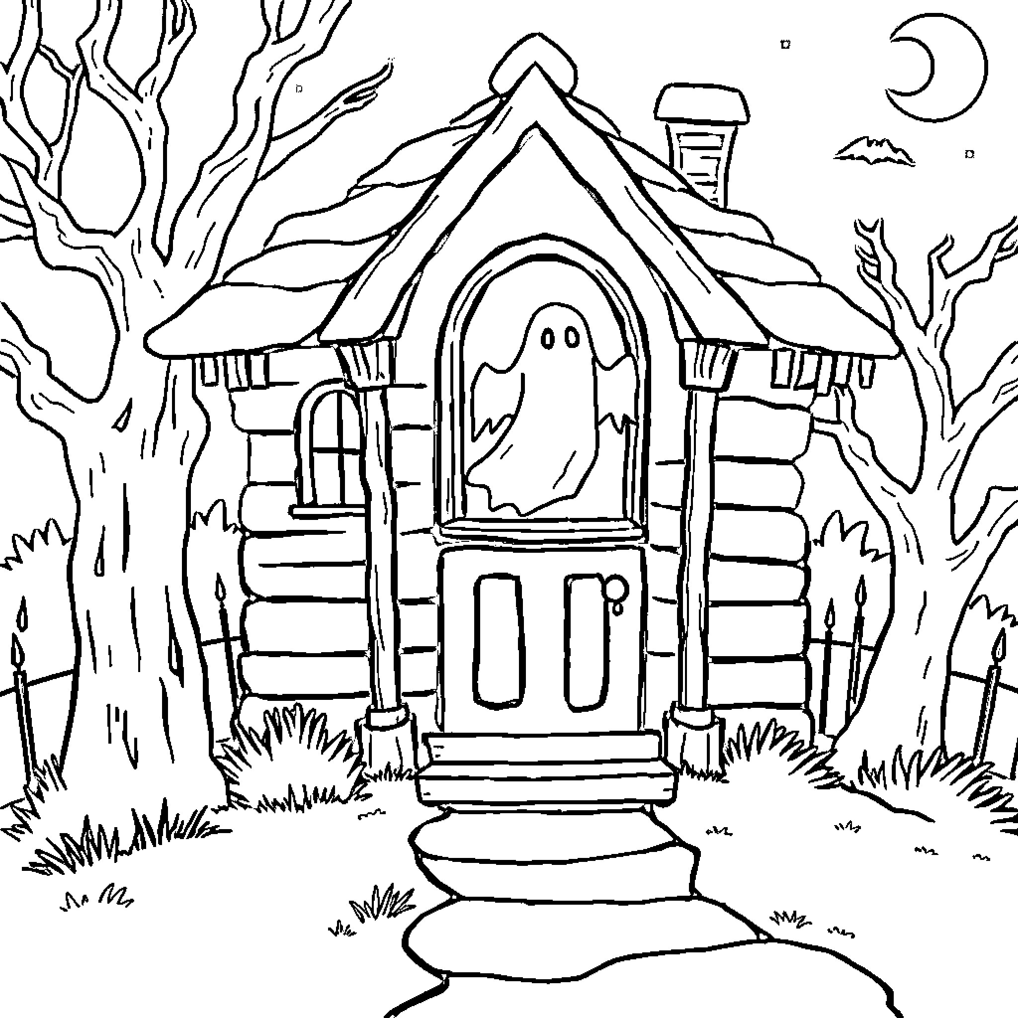 Ghost haunting a spooky cabin in the woods Coloring Page (free black-and-white line drawing printable PDF for all, from beginners to advanced learners, including children, teens, adults, and seniors)