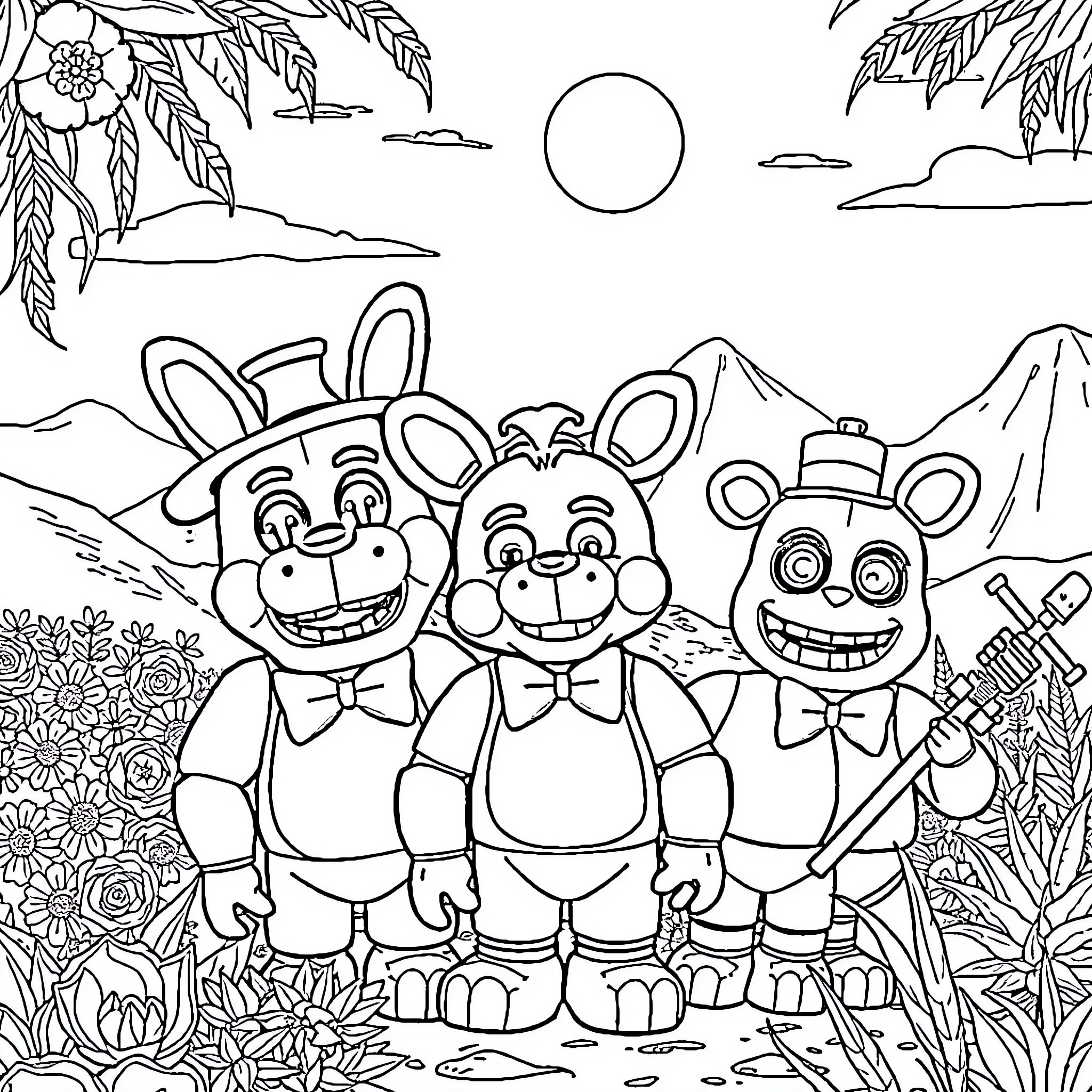FNAF Animatronics in Friendly Tropical Landscape Coloring Page (free black-and-white line drawing printable PDF for all, from beginners to advanced learners, including children, teens, adults, and seniors)
