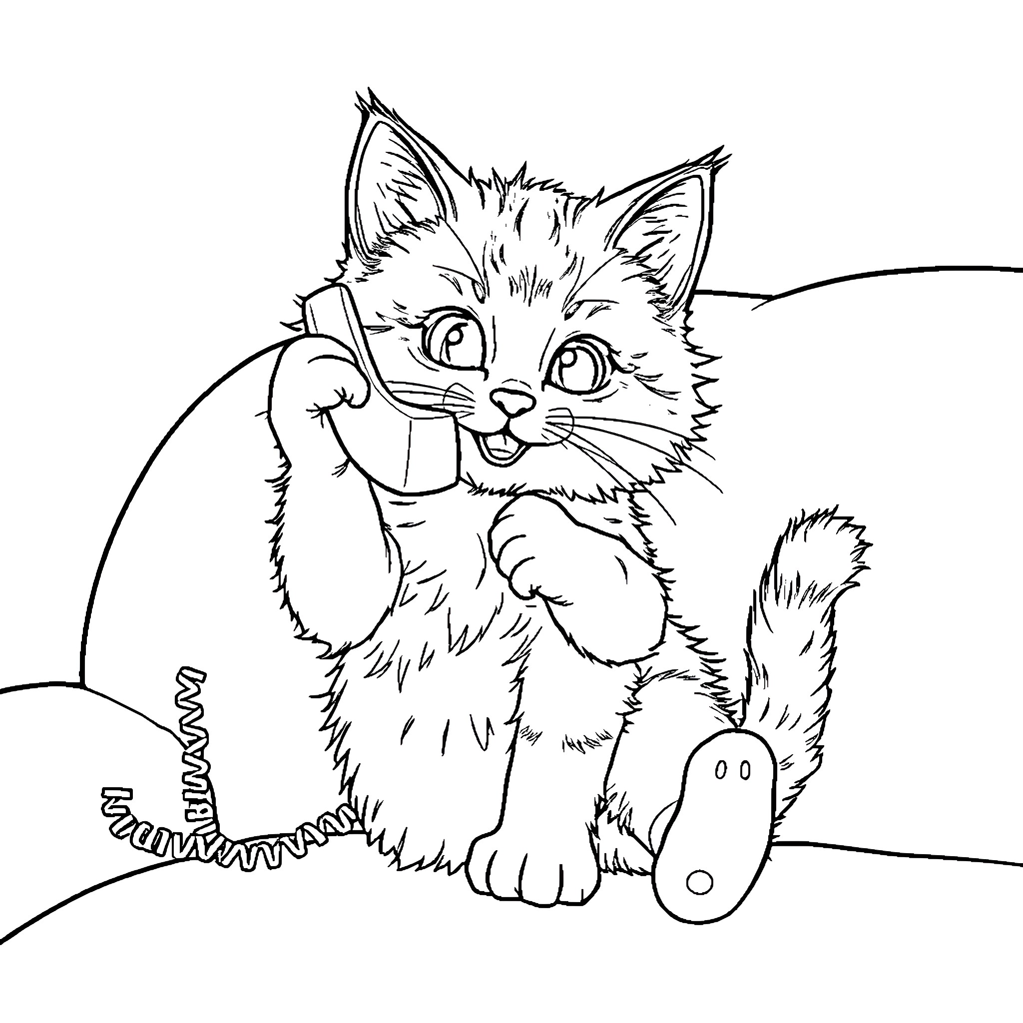 Kitty playing with a toy Coloring Page (free black-and-white line drawing printable PDF for all, from beginners to advanced learners, including children, teens, adults, and seniors)