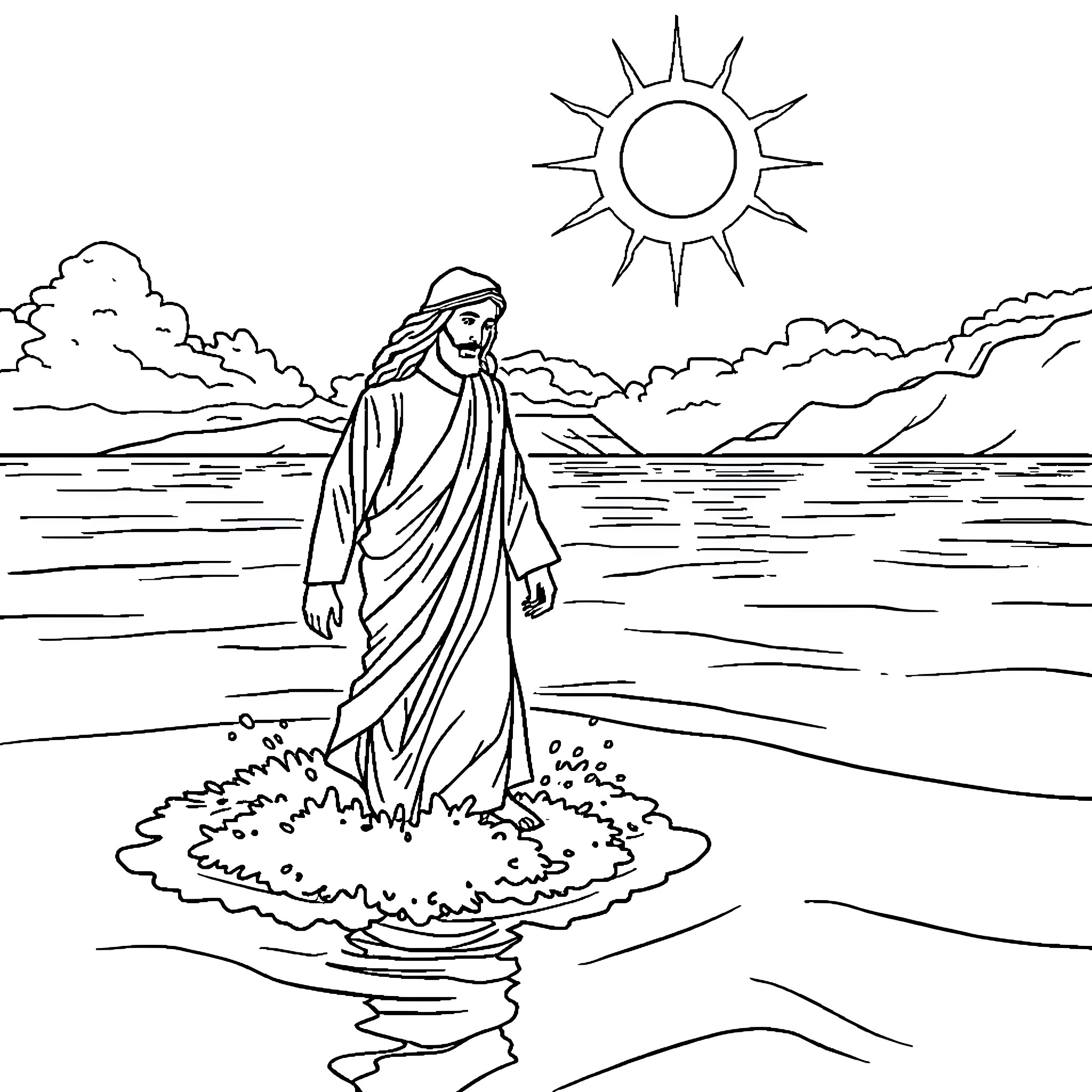 Jesus walking on water under the sun Coloring Page (free black-and-white line drawing printable PDF for all, from beginners to advanced learners, including children, teens, adults, and seniors)