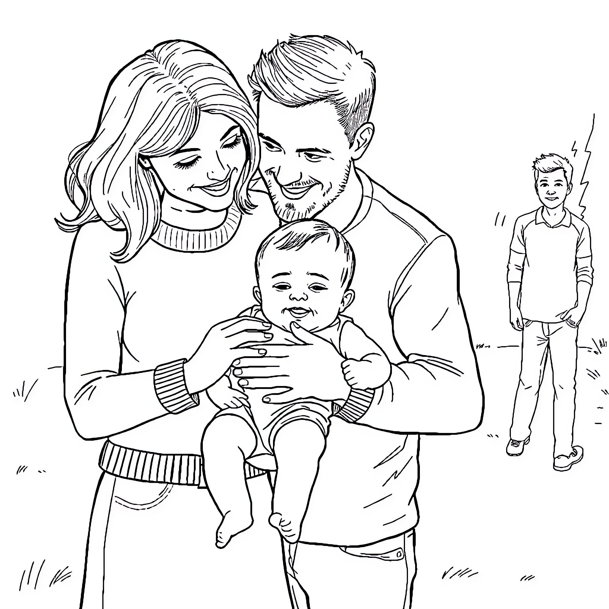 Baby enjoying family moment with parents in park Coloring Page (free black-and-white line drawing printable PDF for all, from beginners to advanced learners, including children, teens, adults, and seniors)