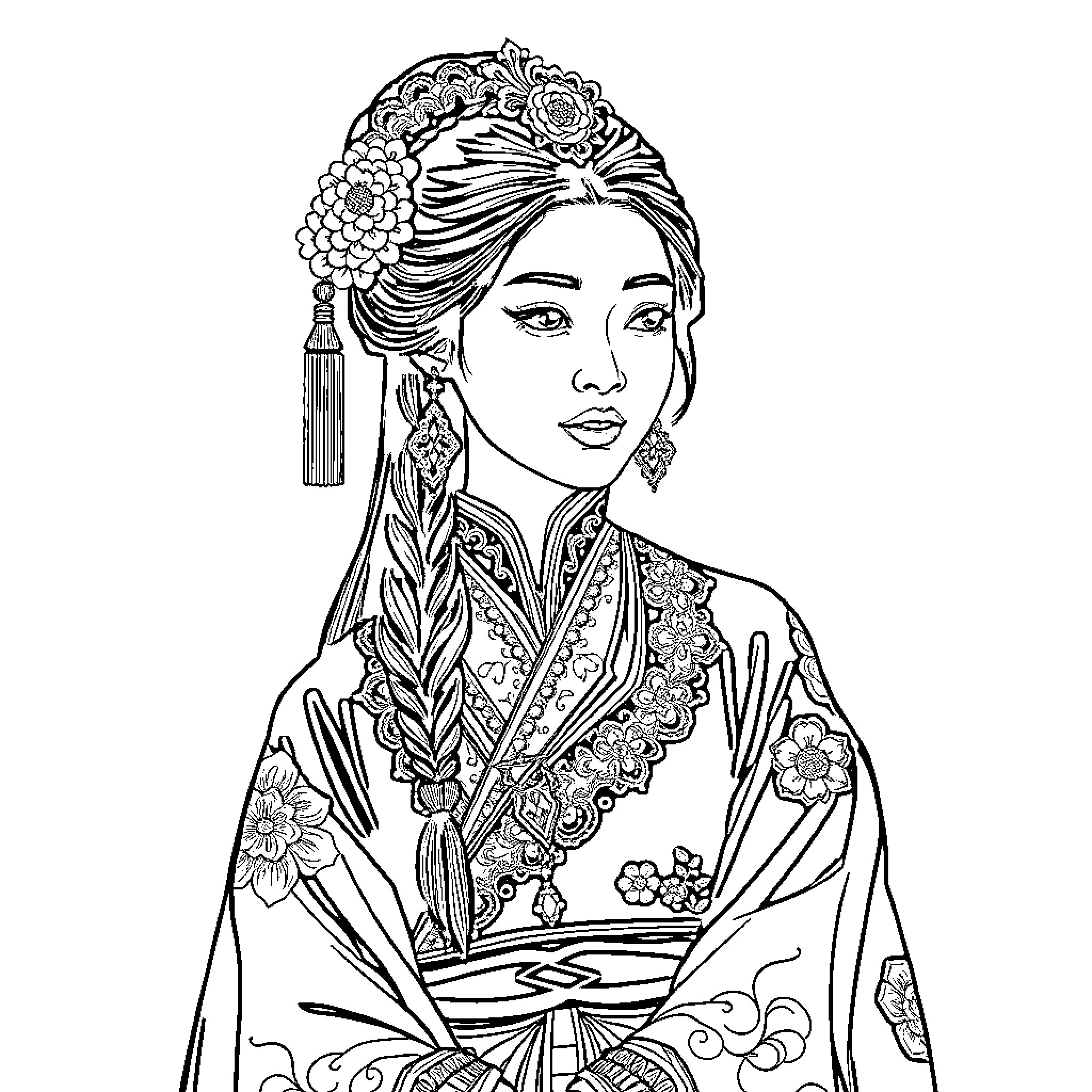 Dilraba in Elegant Kimono with Intricate Floral Adornments Coloring Page (free black-and-white line drawing printable PDF for all, from beginners to advanced learners, including children, teens, adults, and seniors)