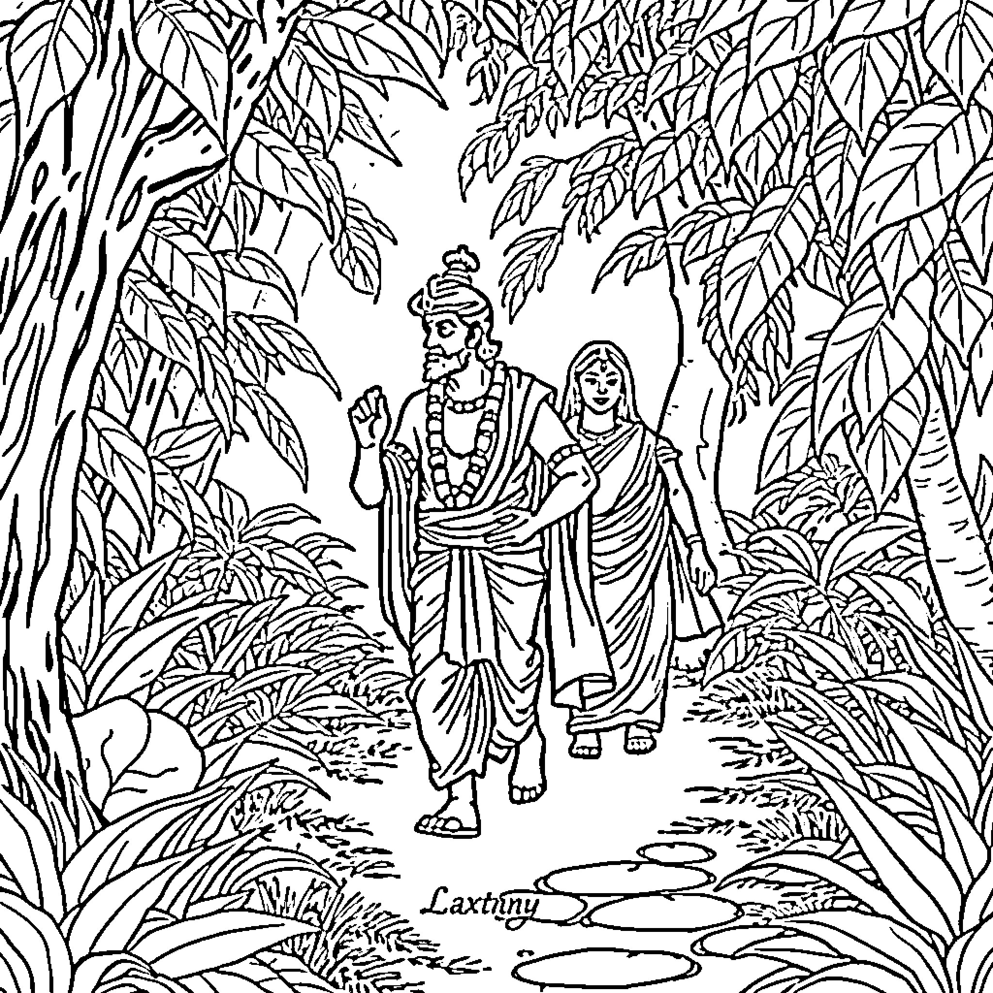 Ram and Sita strolling through the forest Coloring Page (free black-and-white line drawing printable PDF for all, from beginners to advanced learners, including children, teens, adults, and seniors)