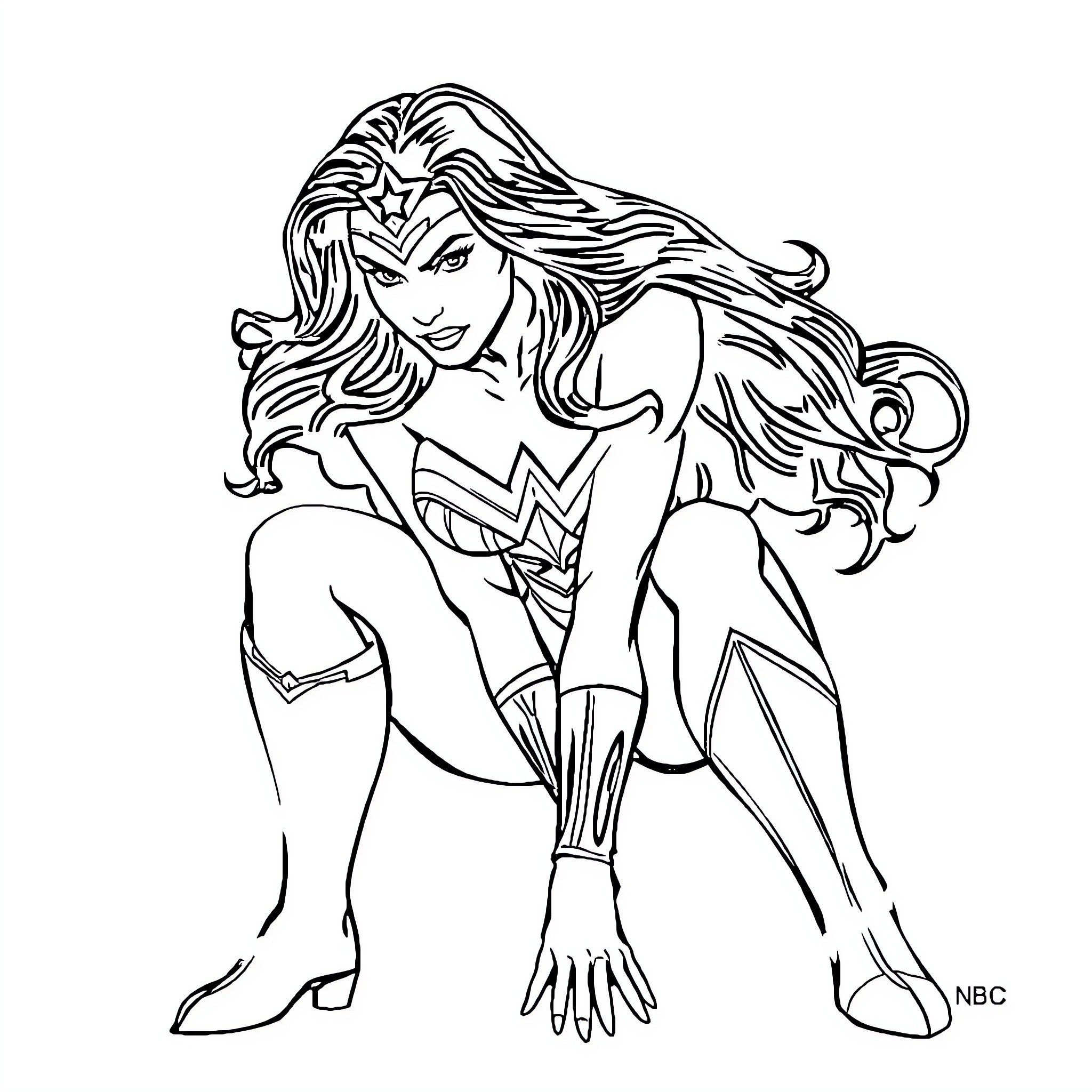 Wonder Woman in action-packed heroic pose Coloring Page (free black-and-white line drawing printable PDF for all, from beginners to advanced learners, including children, teens, adults, and seniors)