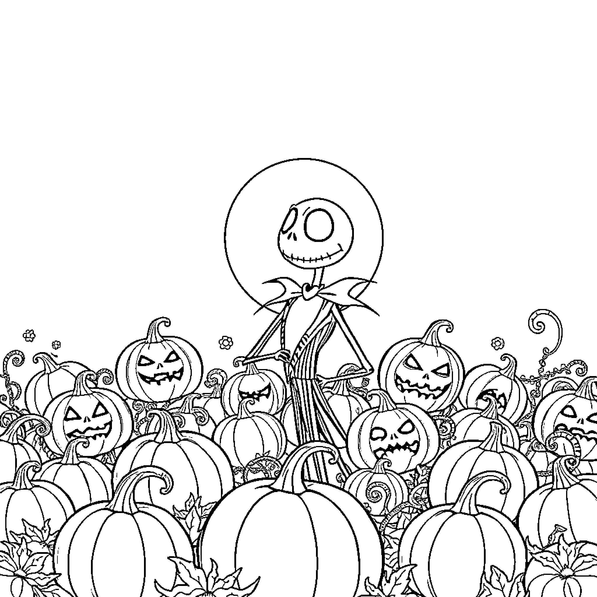 Jack Skellington among Halloween pumpkins Coloring Page (free black-and-white line drawing printable PDF for all, from beginners to advanced learners, including children, teens, adults, and seniors)
