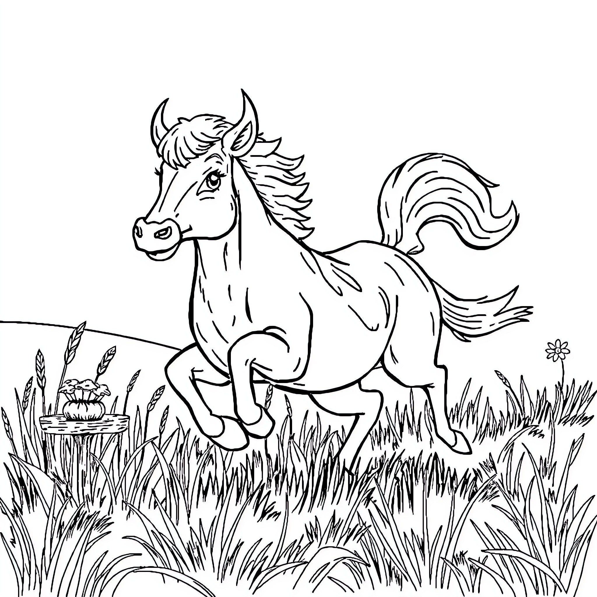 Dwarf pony frolicking in meadow Coloring Page (free black-and-white line drawing printable PDF for all, from beginners to advanced learners, including children, teens, adults, and seniors)