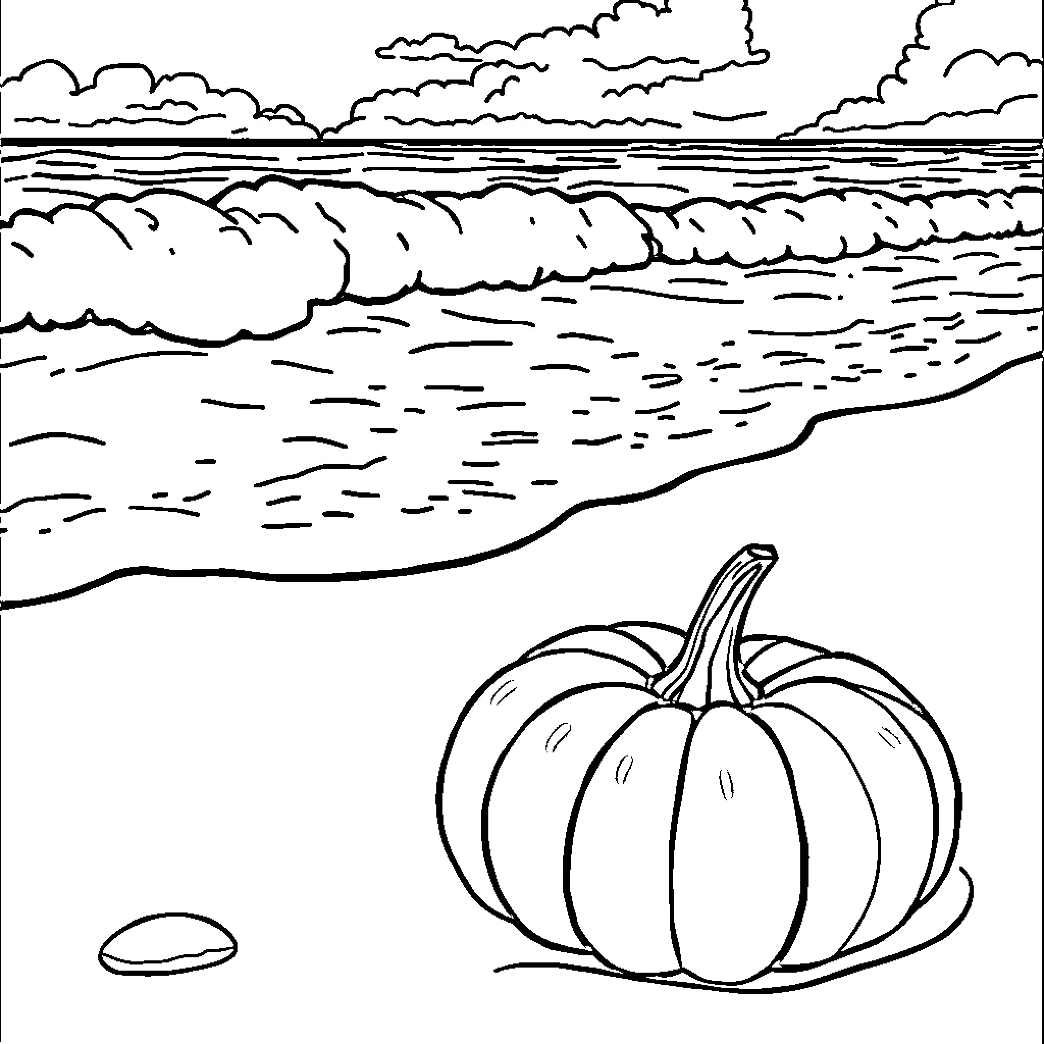 Pumpkin resting by the beach Coloring Page (free black-and-white line drawing printable PDF for all, from beginners to advanced learners, including children, teens, adults, and seniors)