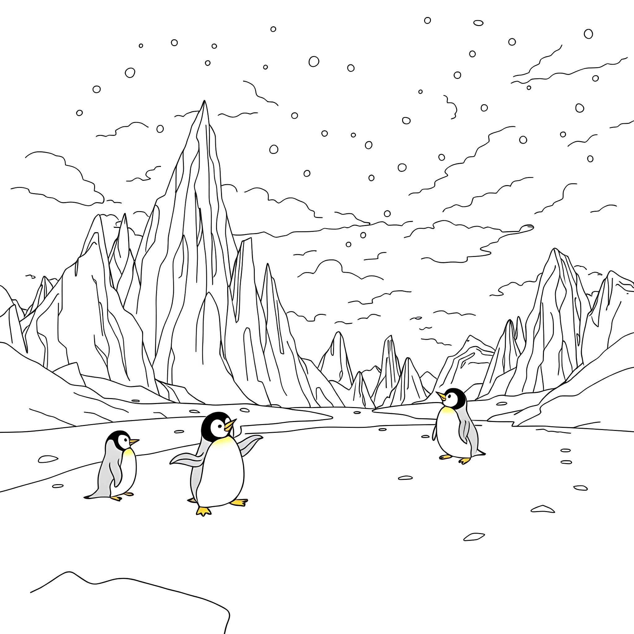 Penguins exploring the icy landscape Coloring Page (free black-and-white line drawing printable PDF for all, from beginners to advanced learners, including children, teens, adults, and seniors)