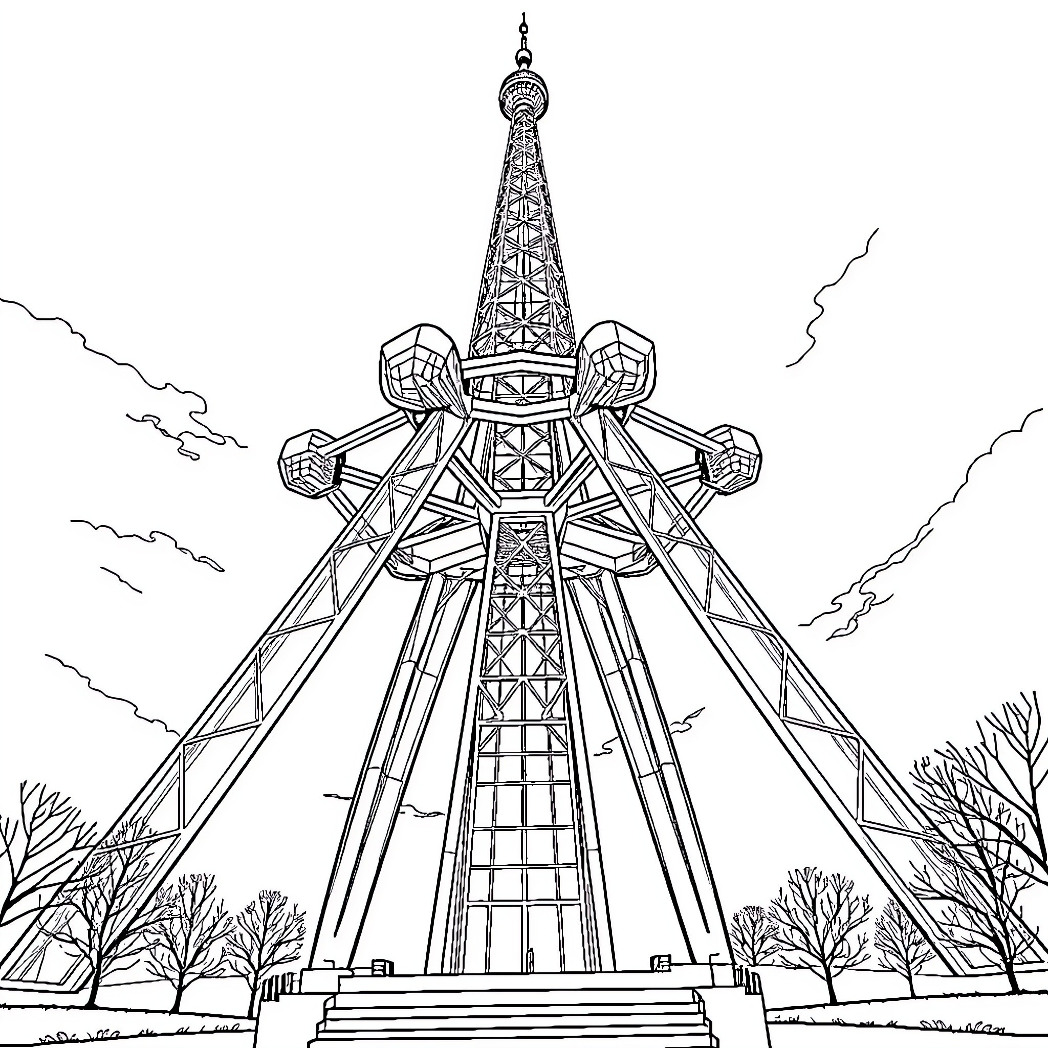 Atomium Eiffel Tower showcased in intricate line art Coloring Page (free black-and-white line drawing printable PDF for all, from beginners to advanced learners, including children, teens, adults, and seniors)