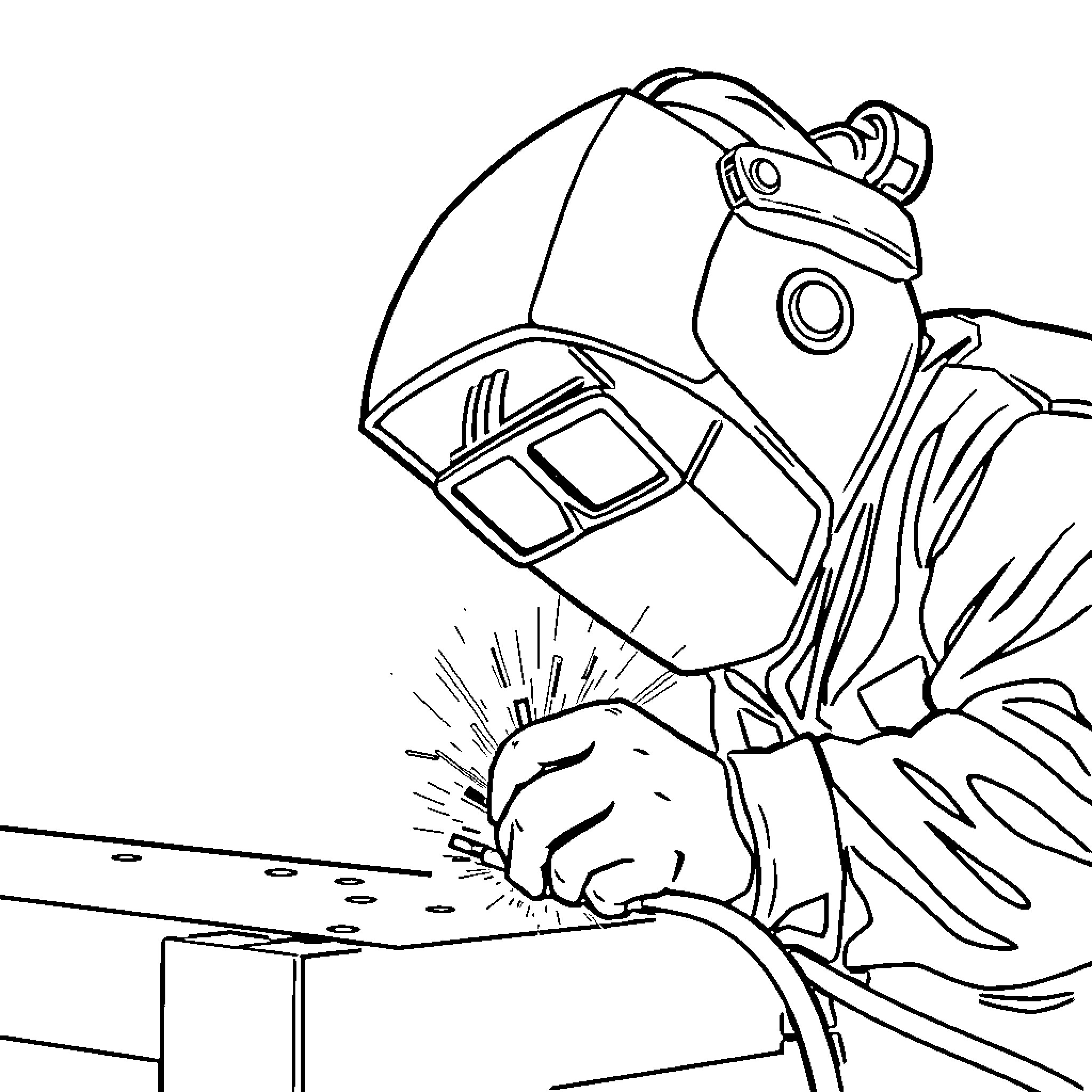 Welder Performing Welding Work with Protective Gear Coloring Page (free black-and-white line drawing printable PDF for all, from beginners to advanced learners, including children, teens, adults, and seniors)