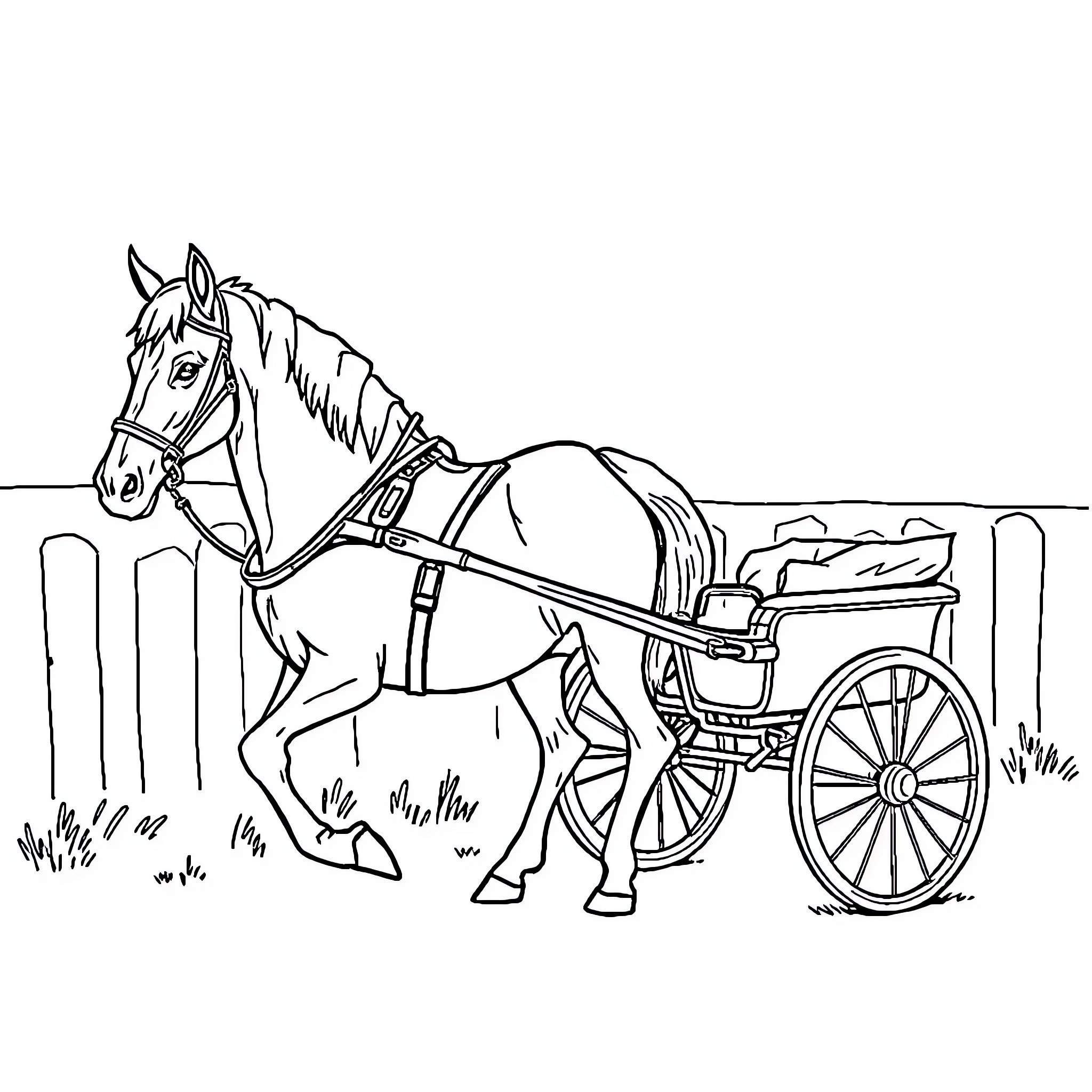 Horse-drawn carriage in countryside setting Coloring Page (free black-and-white line drawing printable PDF for all, from beginners to advanced learners, including children, teens, adults, and seniors)
