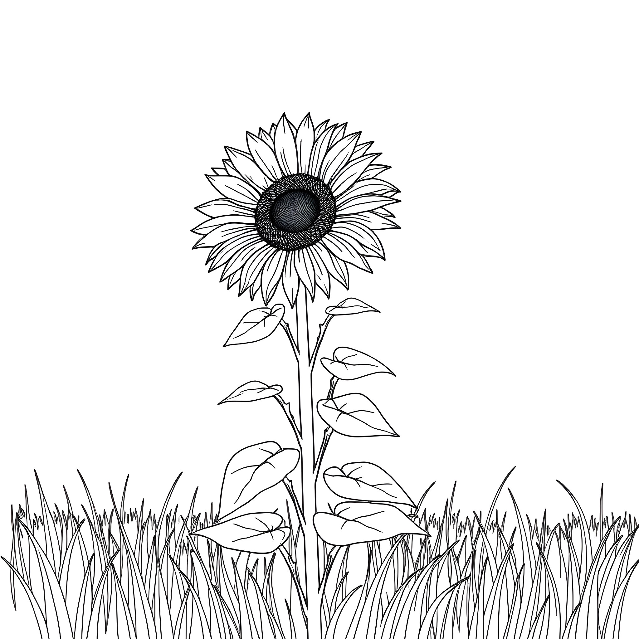 Sunflower blooming in lush green field Coloring Page (free black-and-white line drawing printable PDF for all, from beginners to advanced learners, including children, teens, adults, and seniors)
