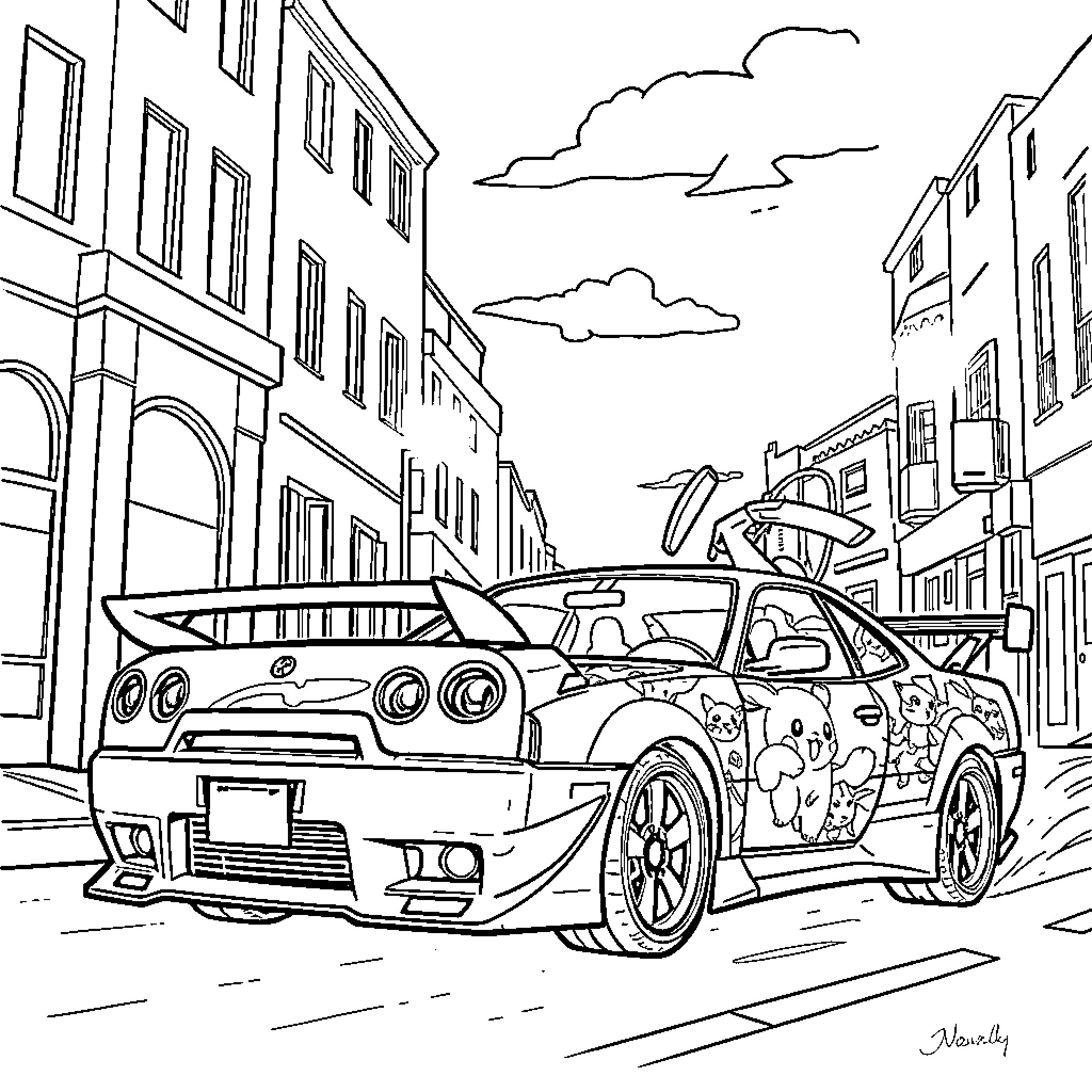 Car Racing on City Street with Clouds Coloring Page (free black-and-white line drawing printable PDF for all, from beginners to advanced learners, including children, teens, adults, and seniors)