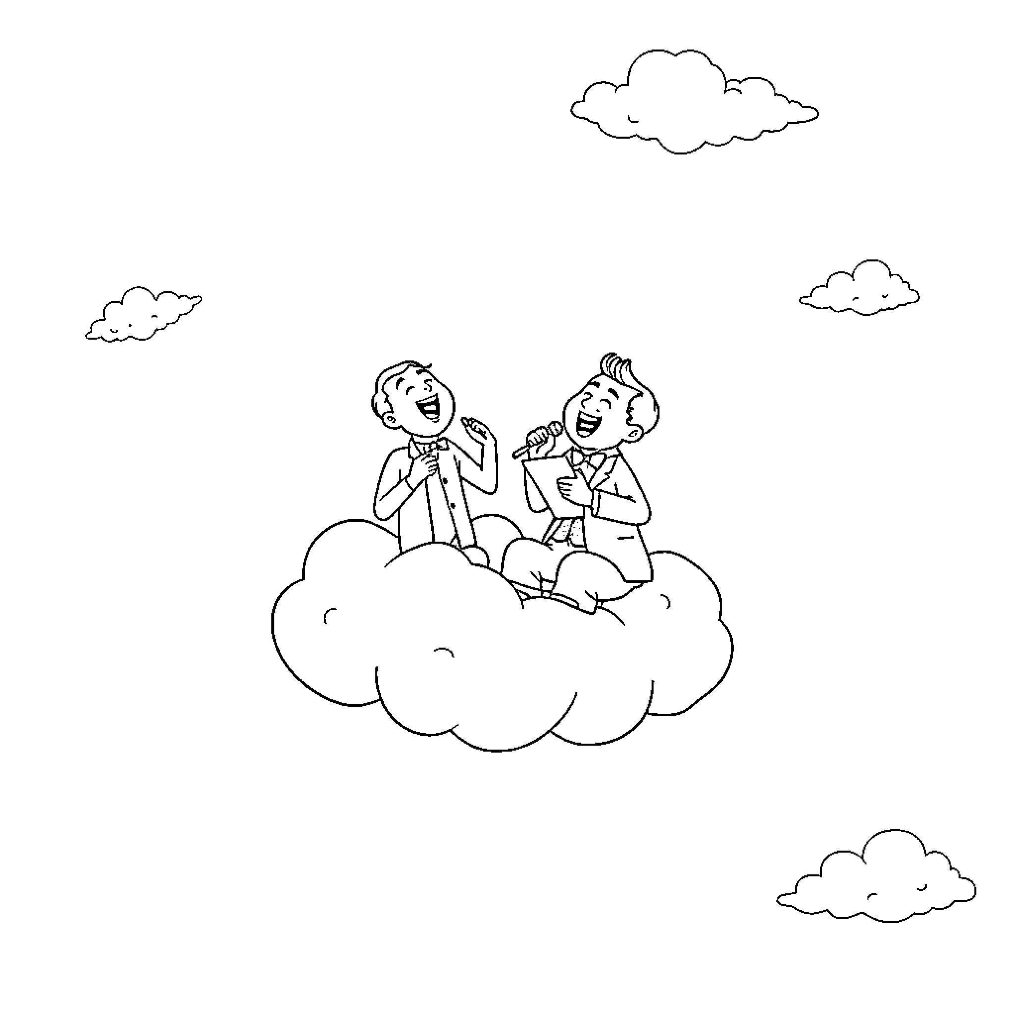 Sean Lock laughing joyfully with friend on cloud Coloring Page (free black-and-white line drawing printable PDF for all, from beginners to advanced learners, including children, teens, adults, and seniors)