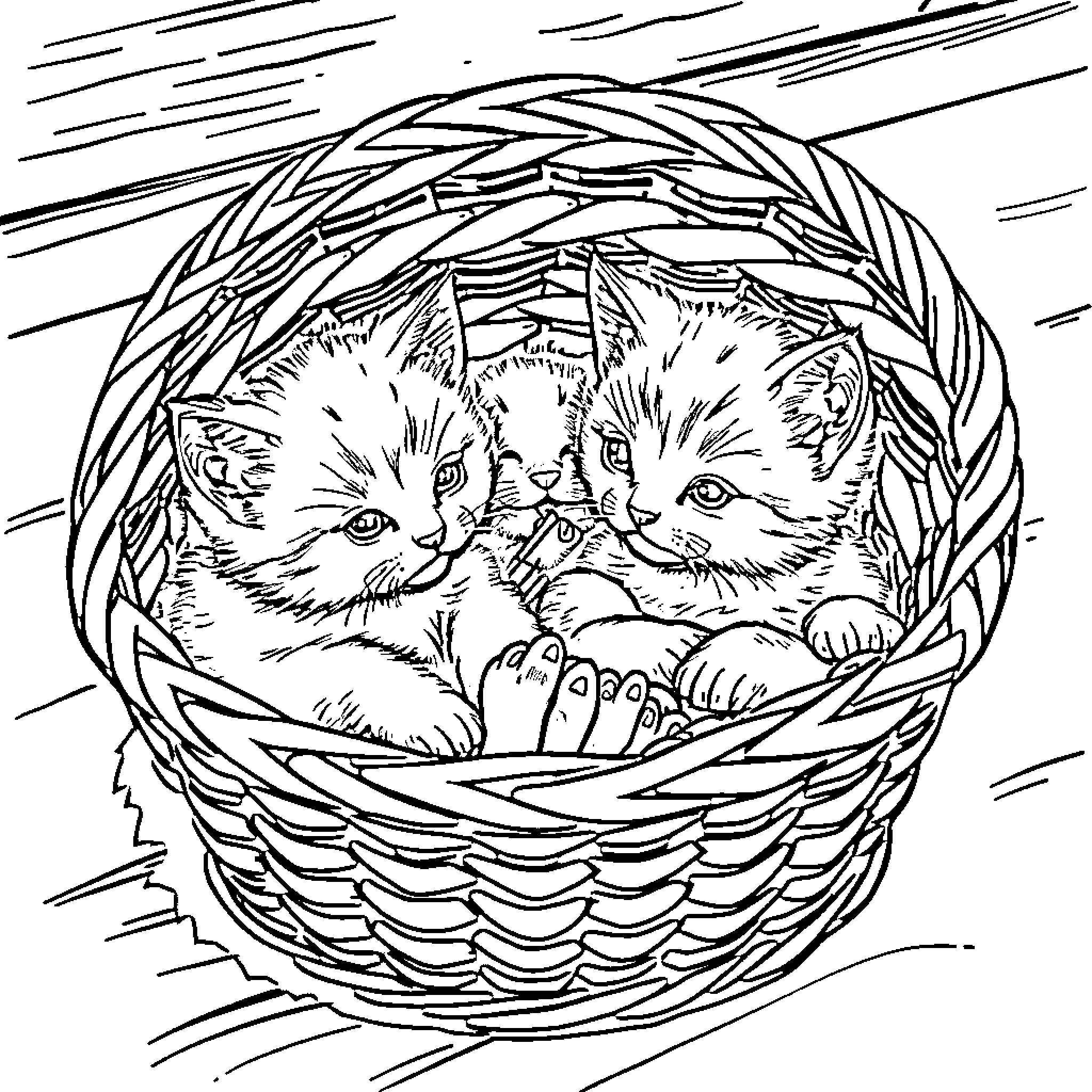 Kittens cuddling in a cozy basket Coloring Page (free black-and-white line drawing printable PDF for all, from beginners to advanced learners, including children, teens, adults, and seniors)