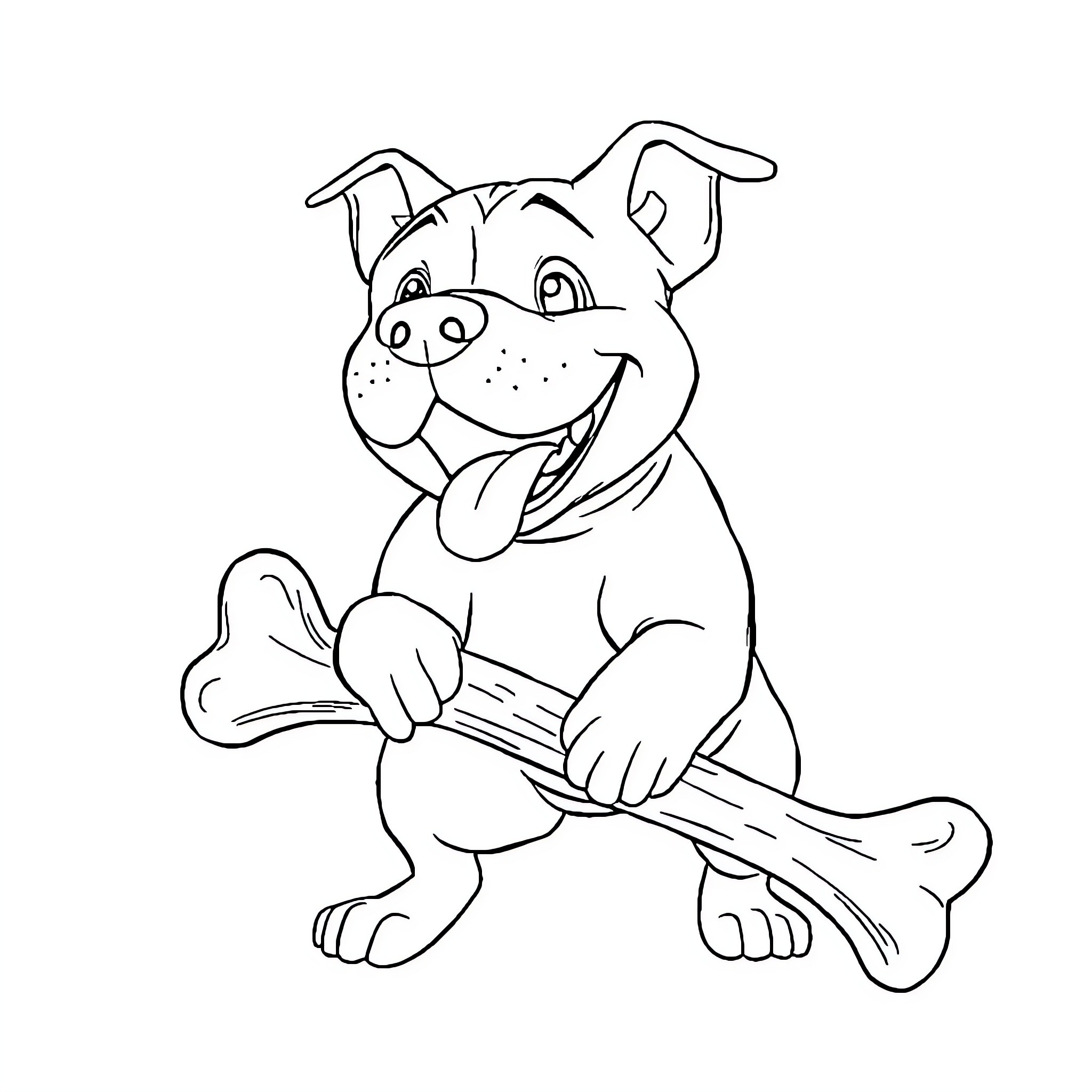 Pitbull playing happily with a large bone Coloring Page (free black-and-white line drawing printable PDF for all, from beginners to advanced learners, including children, teens, adults, and seniors)