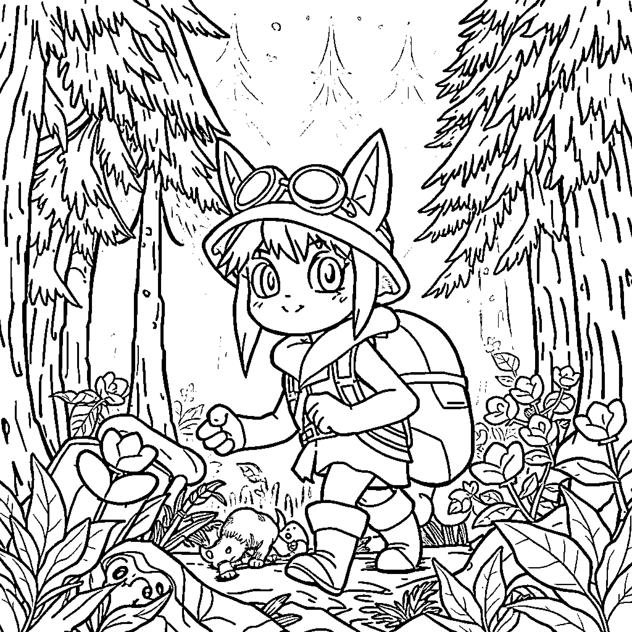 Jinu Huntrix in a whimsical forest adventure Coloring Page (free black-and-white line drawing printable PDF for all, from beginners to advanced learners, including children, teens, adults, and seniors)