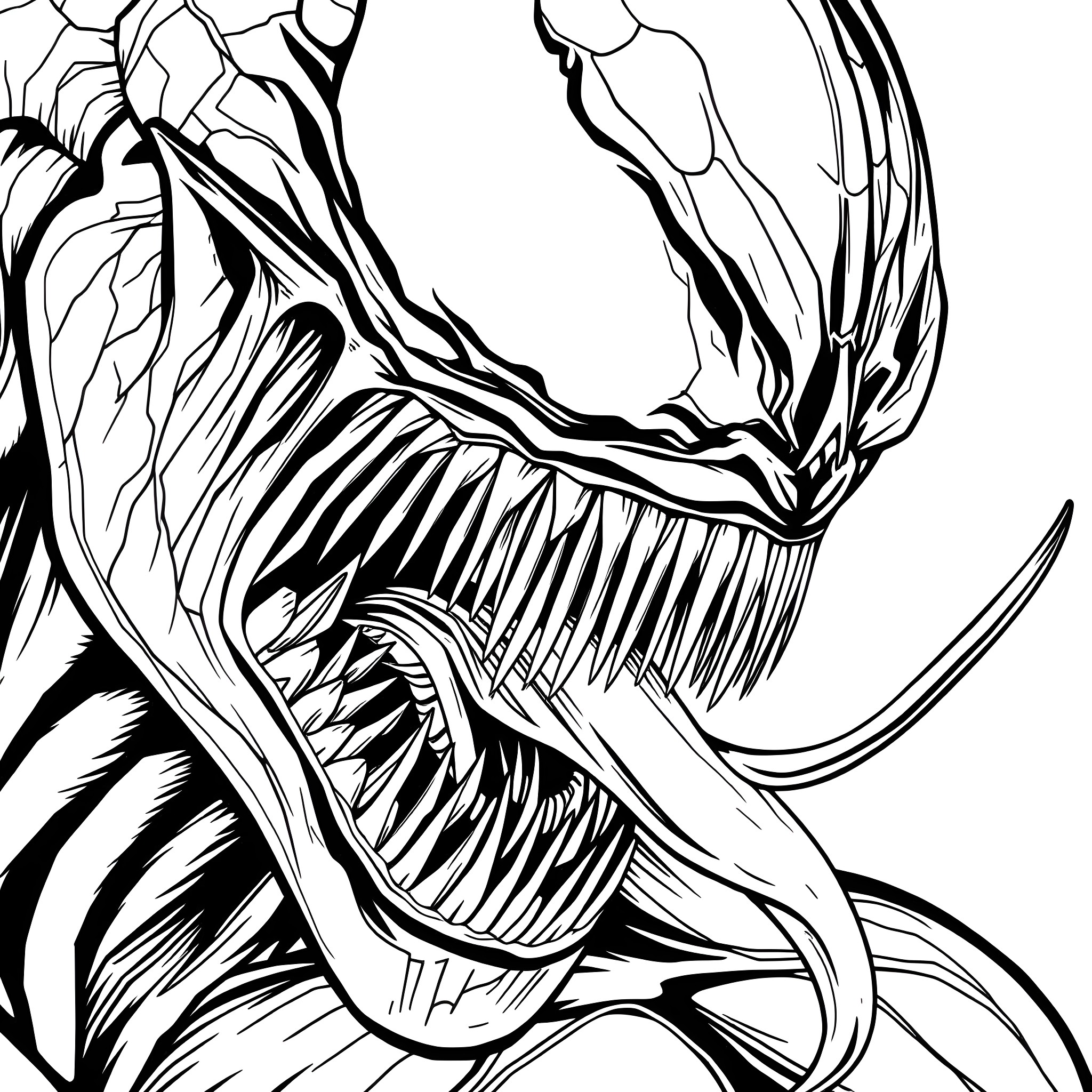Venom's Fearsome Visage Coloring Page (free black-and-white line drawing printable PDF for all, from beginners to advanced learners, including children, teens, adults, and seniors)