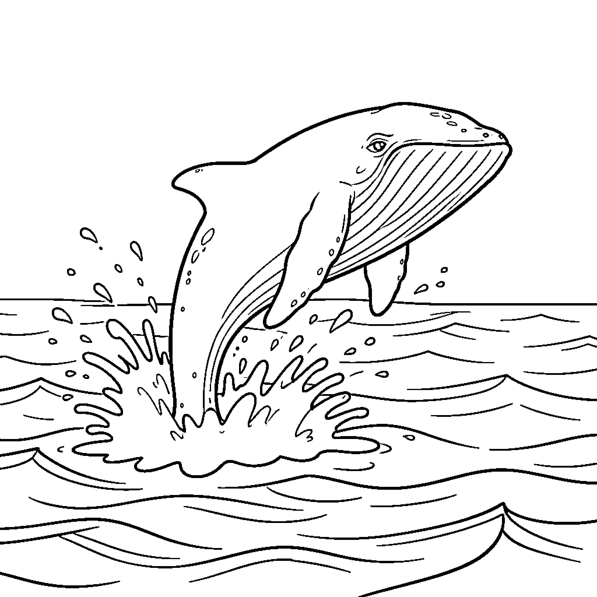 Baleine jumping out of the ocean waves Coloring Page (free black-and-white line drawing printable PDF for all, from beginners to advanced learners, including children, teens, adults, and seniors)