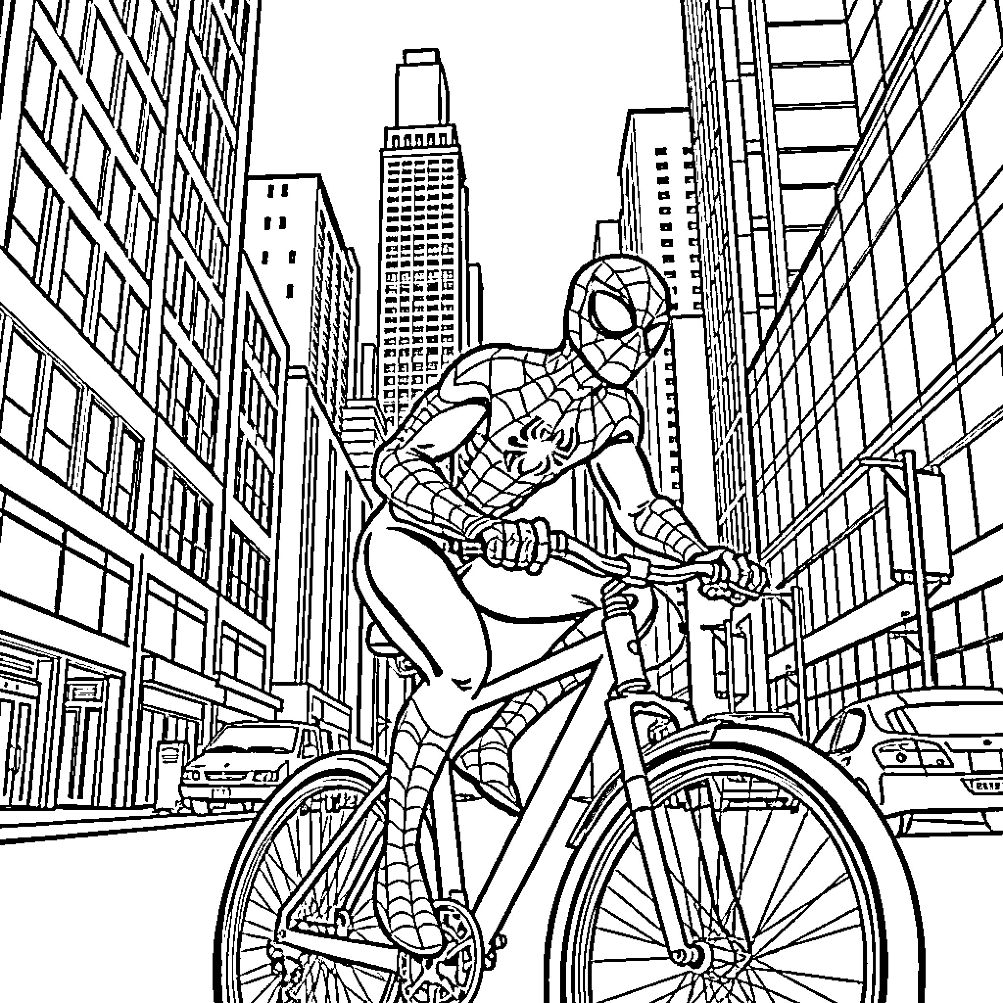 Spider-Man rides bicycle through busy city streets Coloring Page (free black-and-white line drawing printable PDF for all, from beginners to advanced learners, including children, teens, adults, and seniors)