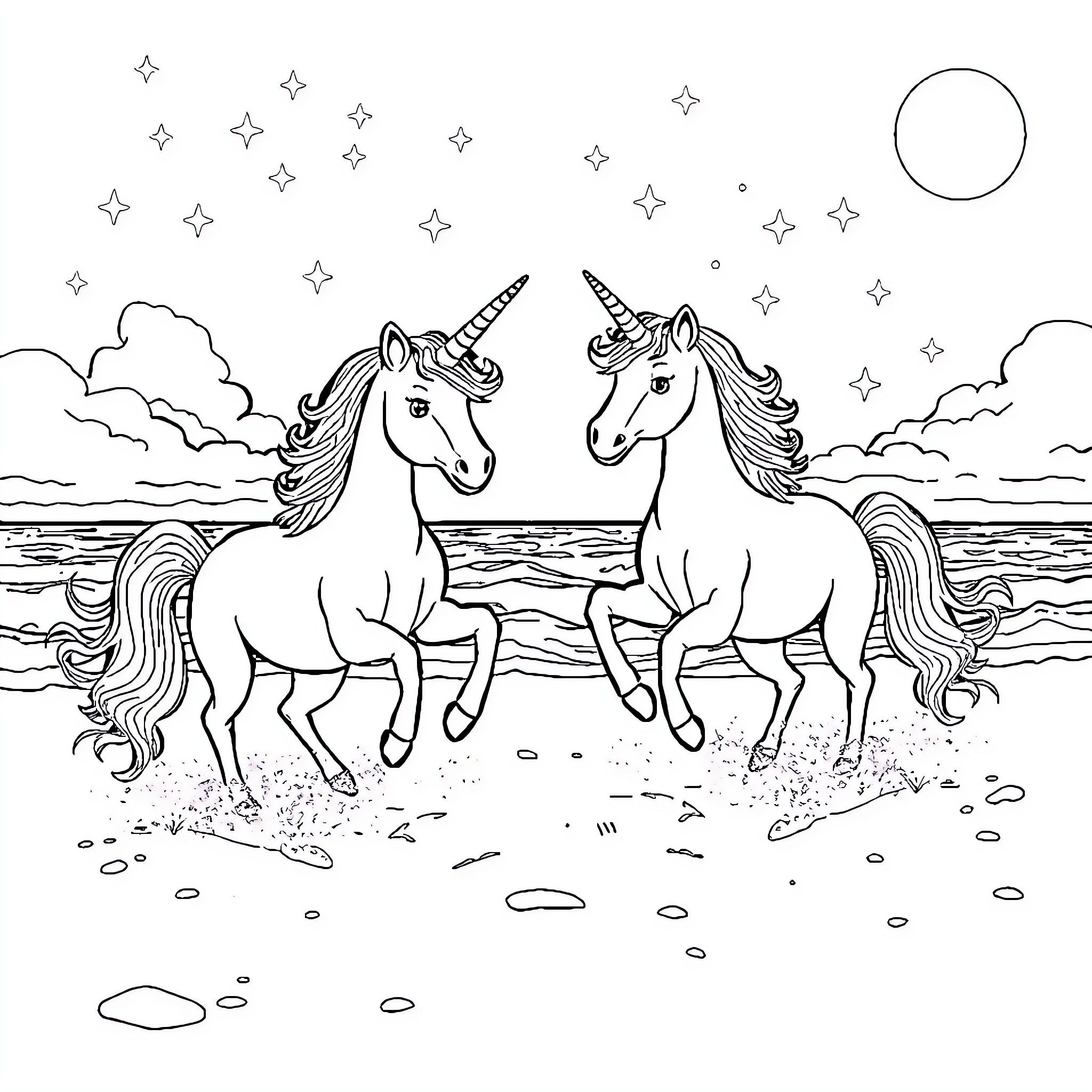Unicorn pair frolicking under the night sky Coloring Page (free black-and-white line drawing printable PDF for all, from beginners to advanced learners, including children, teens, adults, and seniors)