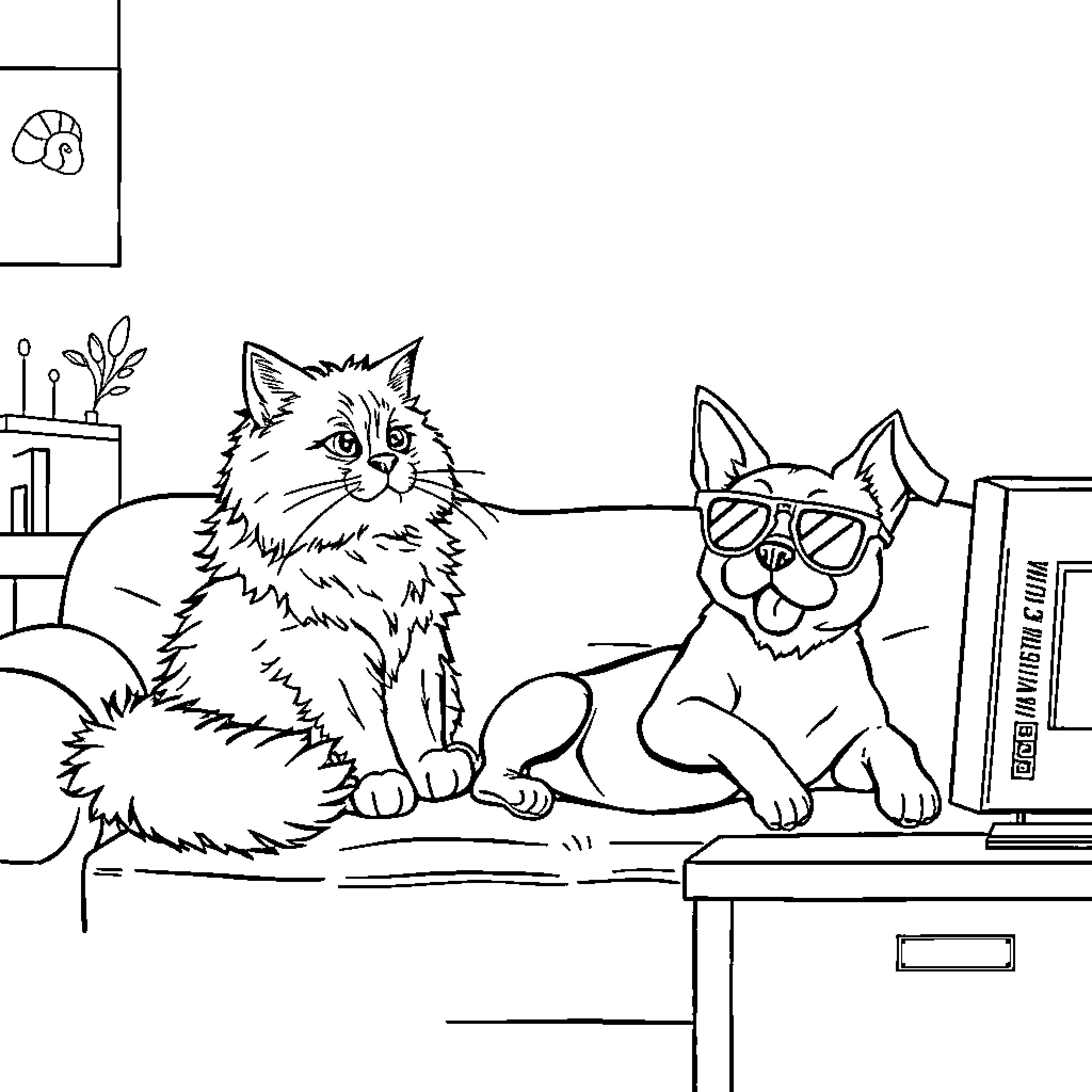 Cats studying in an office environment Coloring Page (free black-and-white line drawing printable PDF for all, from beginners to advanced learners, including children, teens, adults, and seniors)