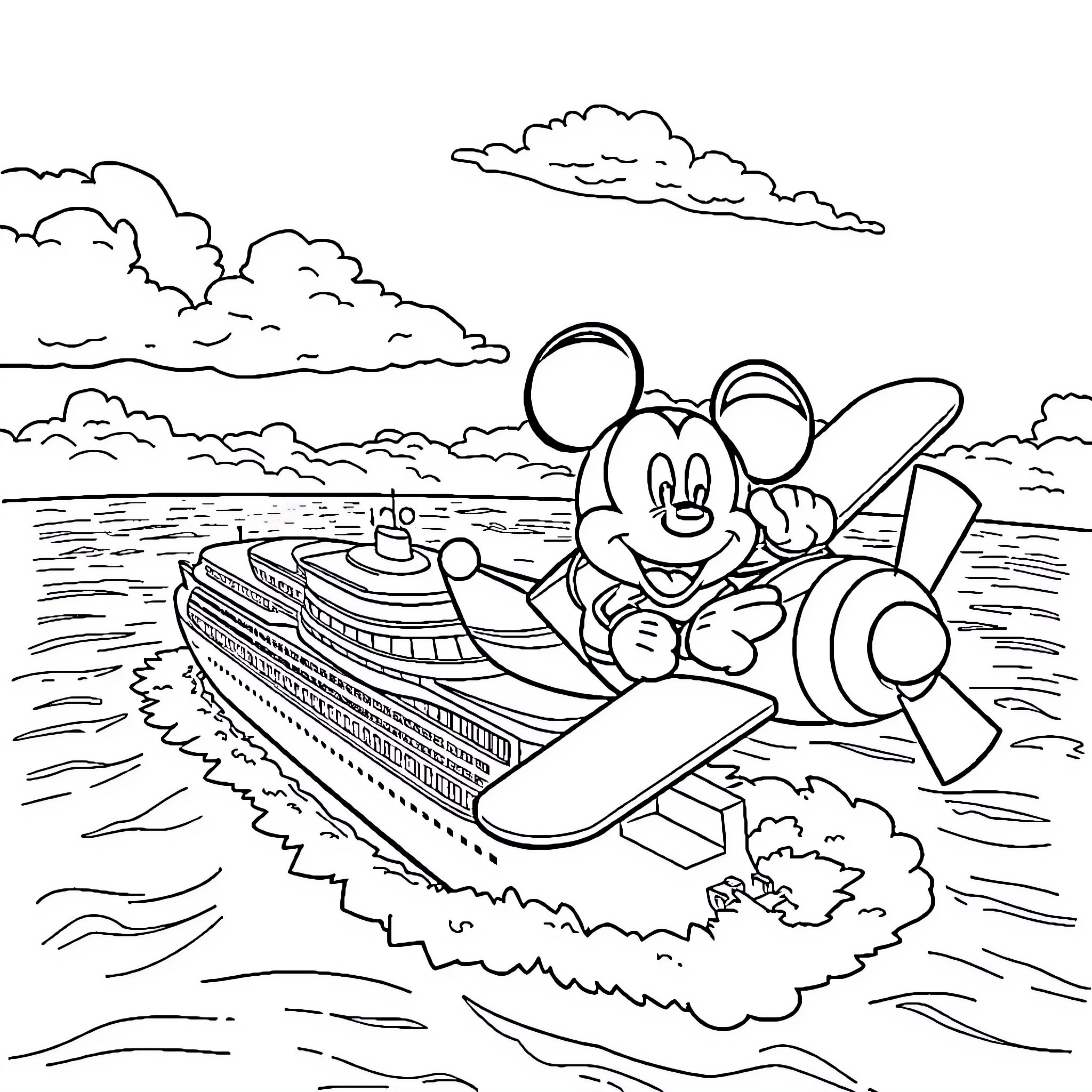 Mickey Mouse Sailing on Cruise Ship in the Ocean Coloring Page (free black-and-white line drawing printable PDF for all, from beginners to advanced learners, including children, teens, adults, and seniors)