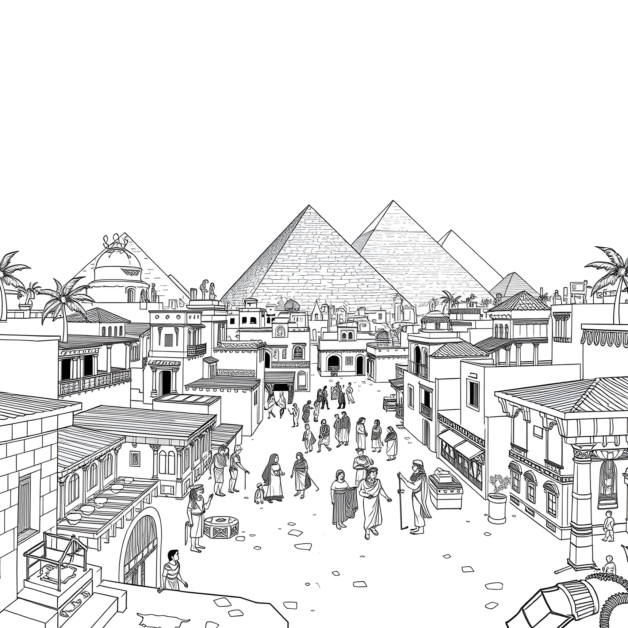 City Scene with Ancient Egyptian Architecture and Crowds Coloring Page (free black-and-white line drawing printable PDF for all, from beginners to advanced learners, including children, teens, adults, and seniors)