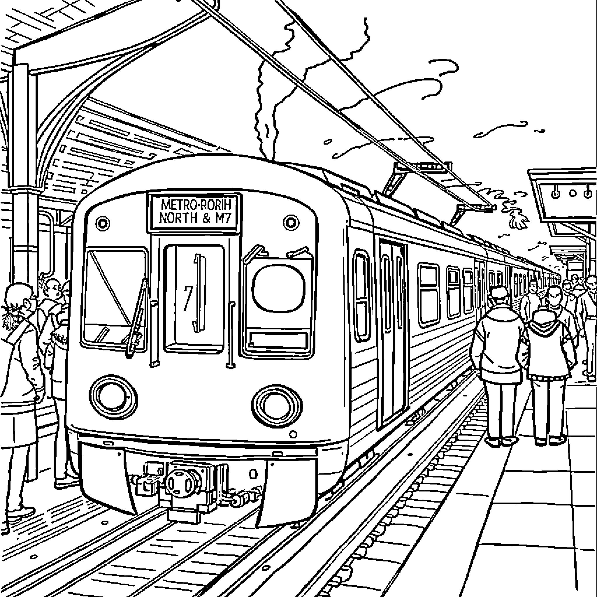 Train arriving at station with passengers Coloring Page (free black-and-white line drawing printable PDF for all, from beginners to advanced learners, including children, teens, adults, and seniors)