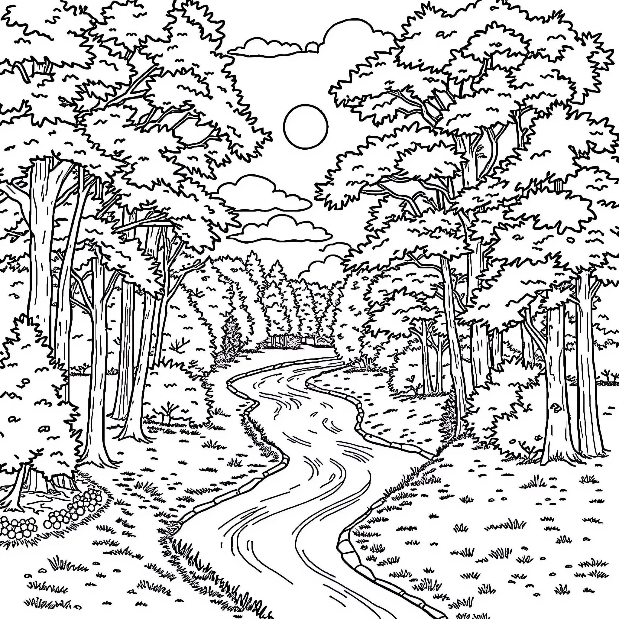 Park path through lush forest scenery Coloring Page (free black-and-white line drawing printable PDF for all, from beginners to advanced learners, including children, teens, adults, and seniors)