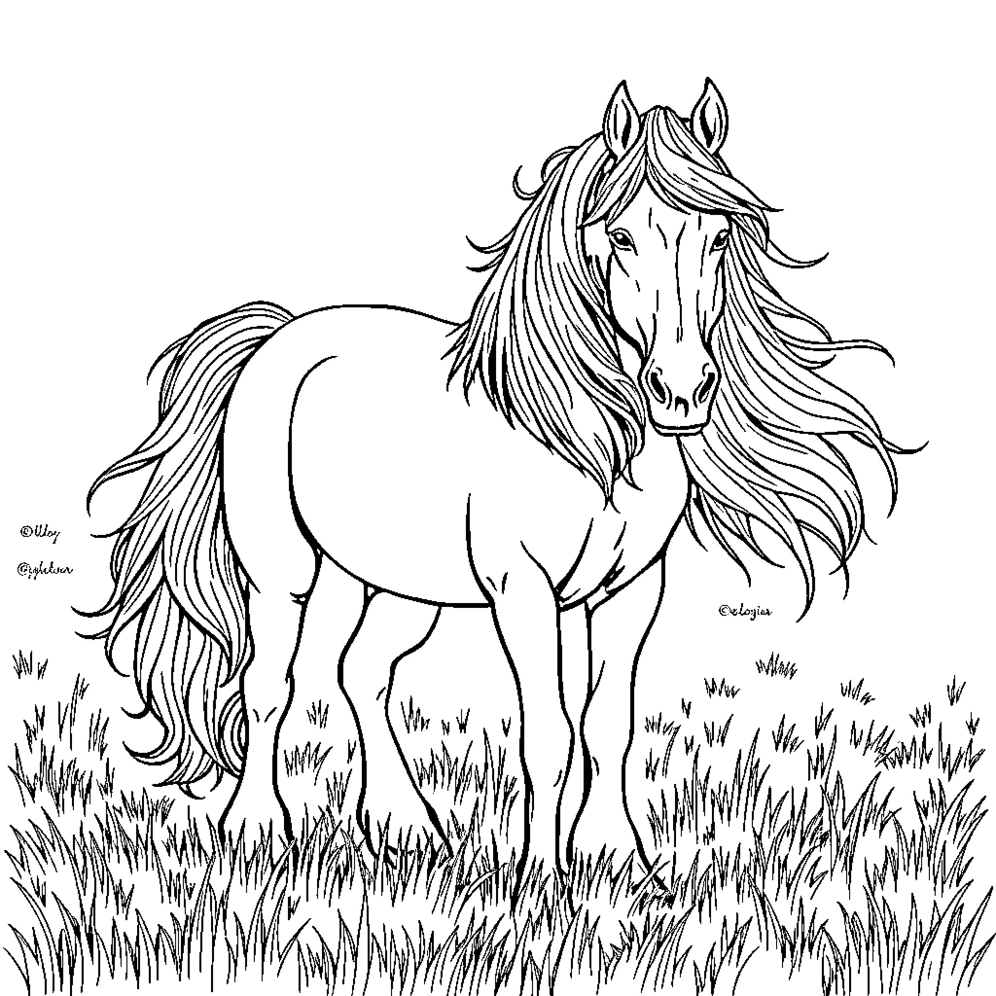 Horse standing gracefully in a grassy field Coloring Page (free black-and-white line drawing printable PDF for all, from beginners to advanced learners, including children, teens, adults, and seniors)