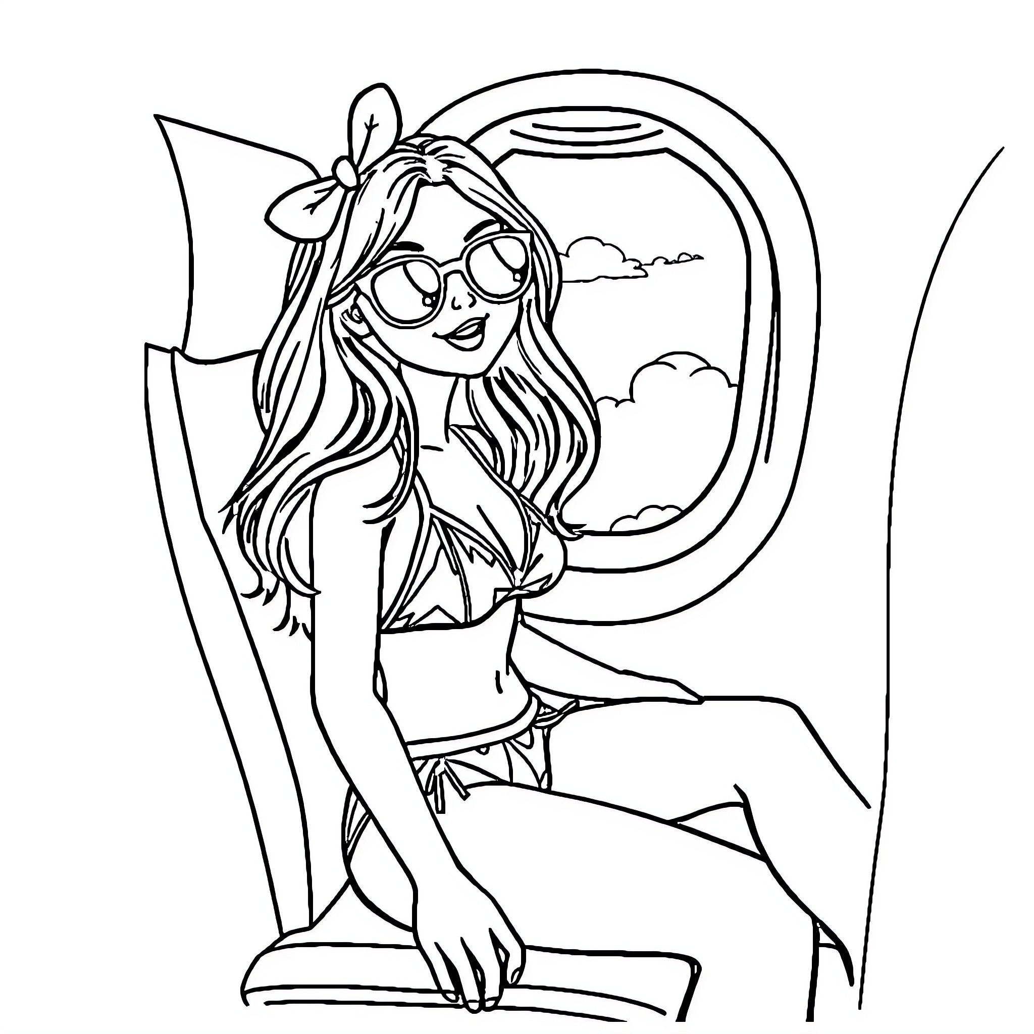 Girl in sunglasses relaxing by the window Coloring Page (free black-and-white line drawing printable PDF for all, from beginners to advanced learners, including children, teens, adults, and seniors)