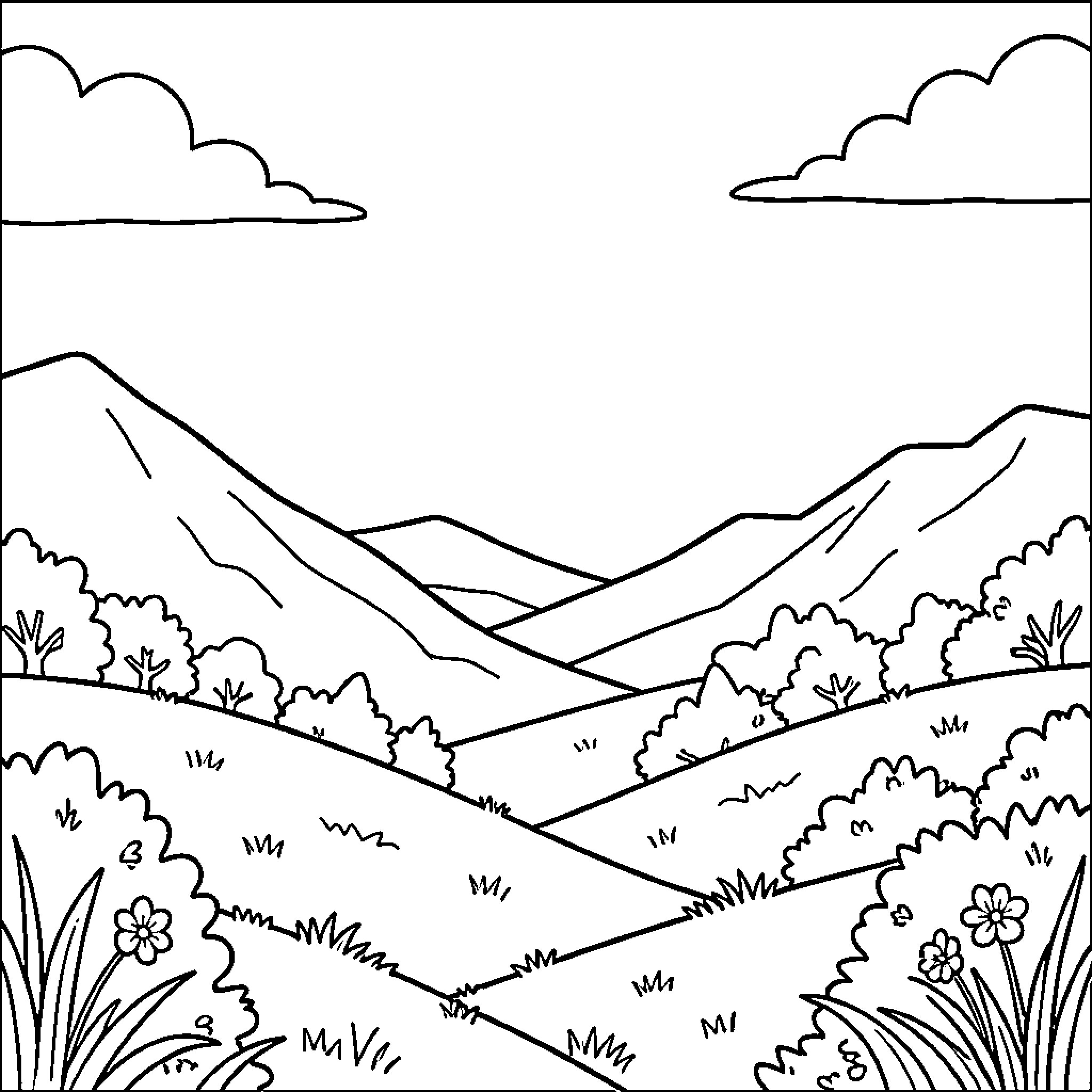 Scenery with mountainous landscape and vegetation Coloring Page (free black-and-white line drawing printable PDF for all, from beginners to advanced learners, including children, teens, adults, and seniors)