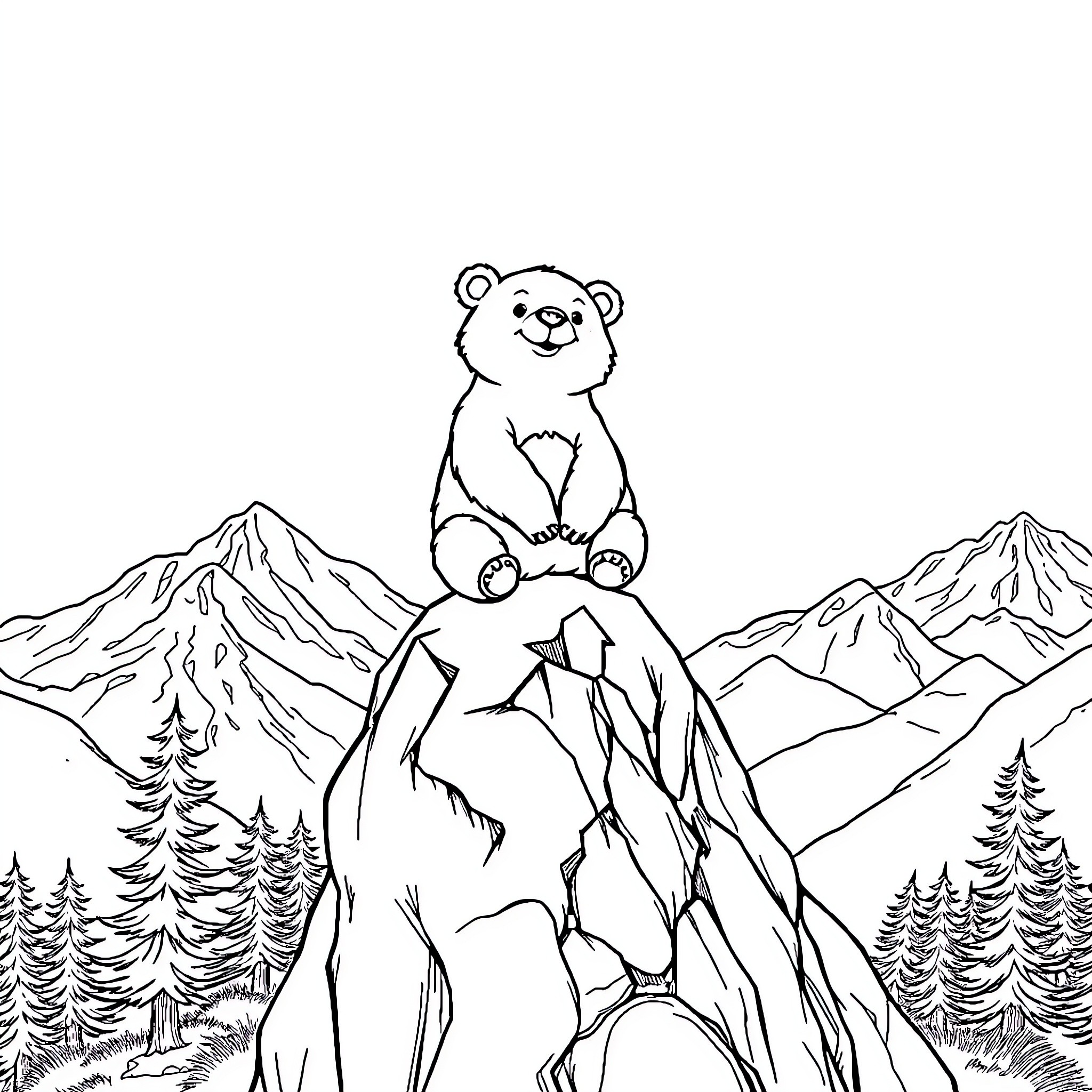 Teddy Bear on Top of Majestic Mountain Coloring Page (free black-and-white line drawing printable PDF for all, from beginners to advanced learners, including children, teens, adults, and seniors)