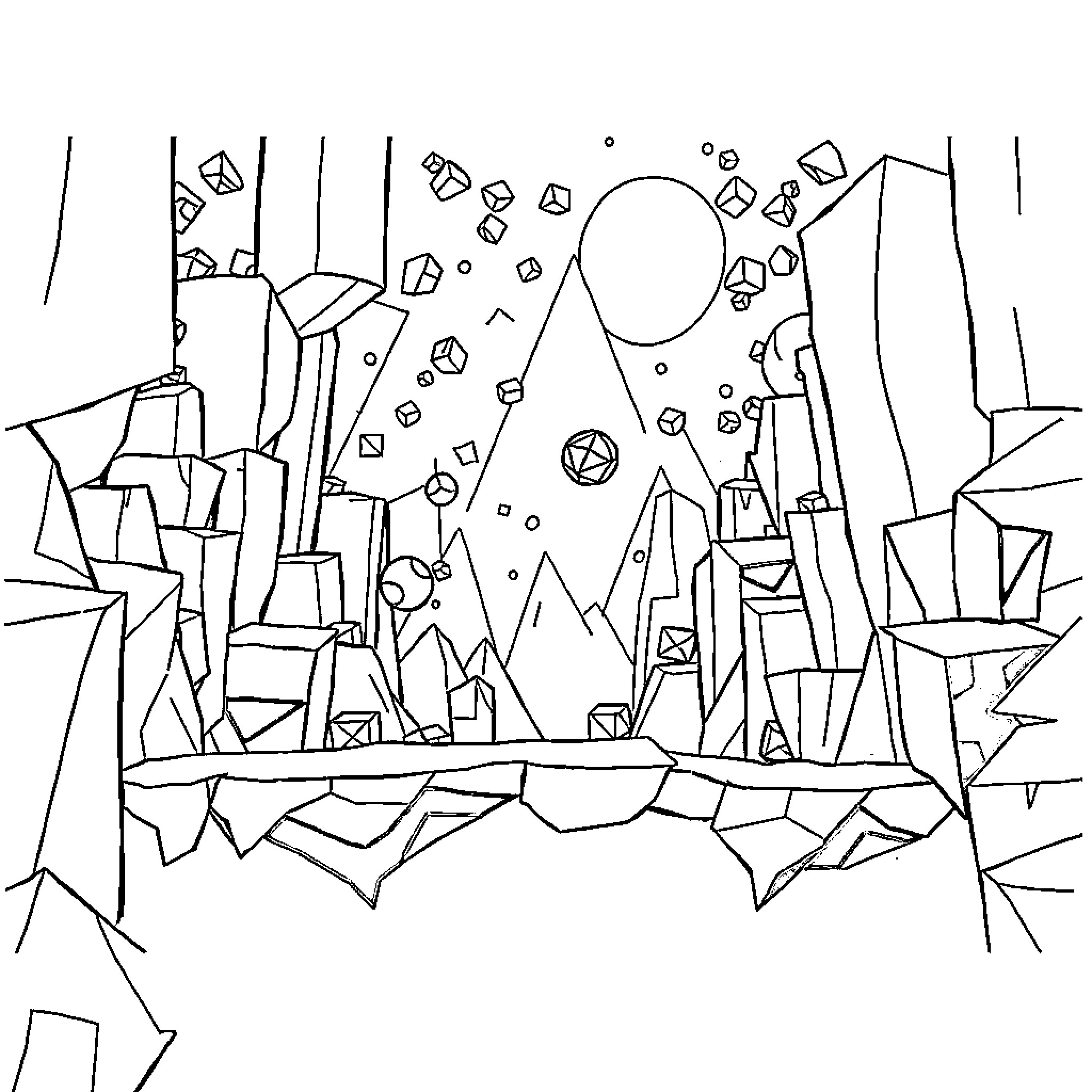 Geometry Dash Shapes and Structures Adventure Coloring Page (free black-and-white line drawing printable PDF for all, from beginners to advanced learners, including children, teens, adults, and seniors)