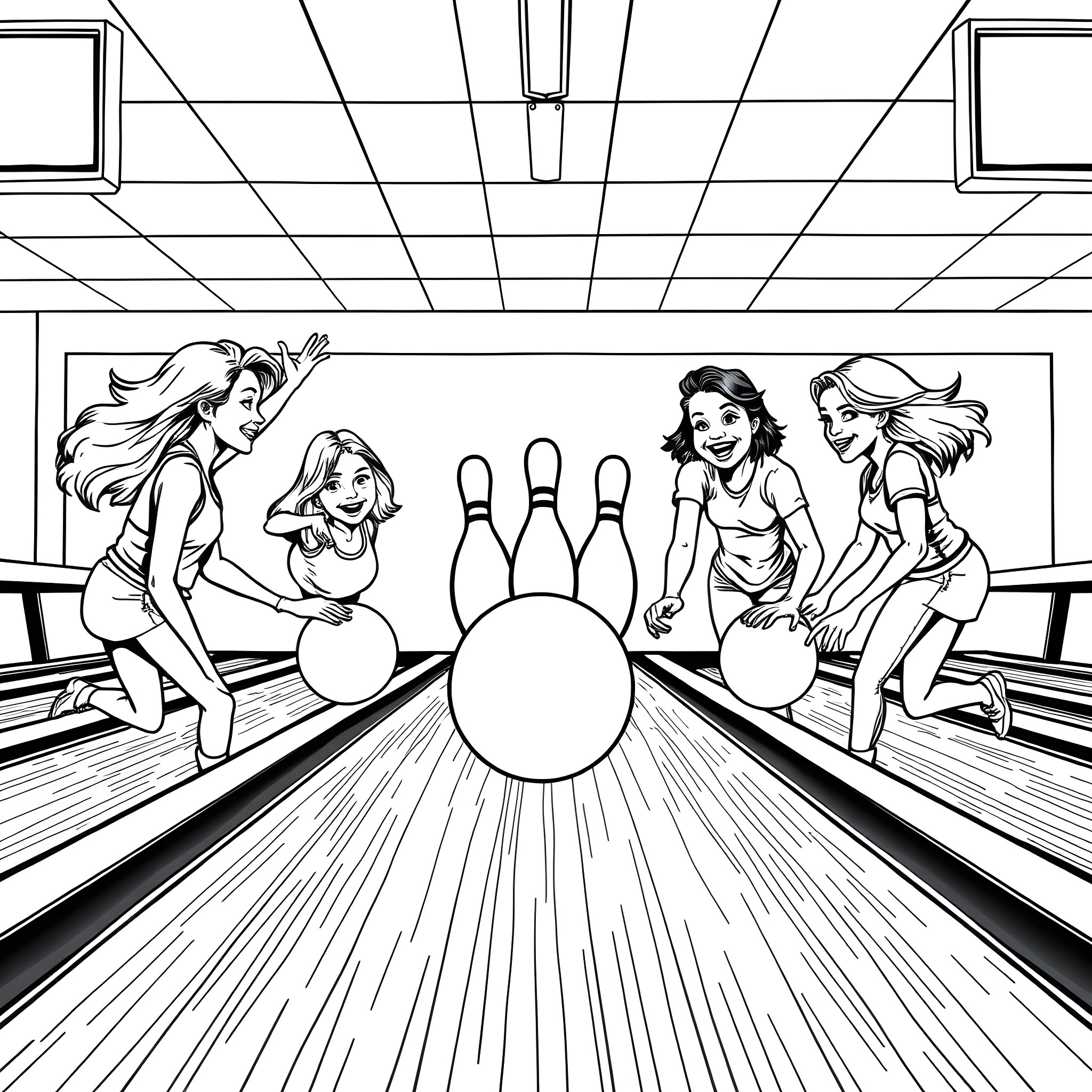 Bowling friends enjoy a lively game in the alley Coloring Page (free black-and-white line drawing printable PDF for all, from beginners to advanced learners, including children, teens, adults, and seniors)