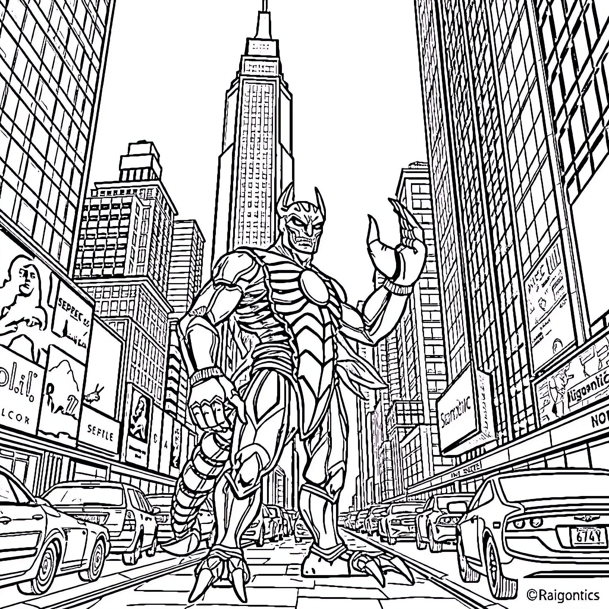 Scorpion King defends the city from the skyscrapers Coloring Page (free black-and-white line drawing printable PDF for all, from beginners to advanced learners, including children, teens, adults, and seniors)