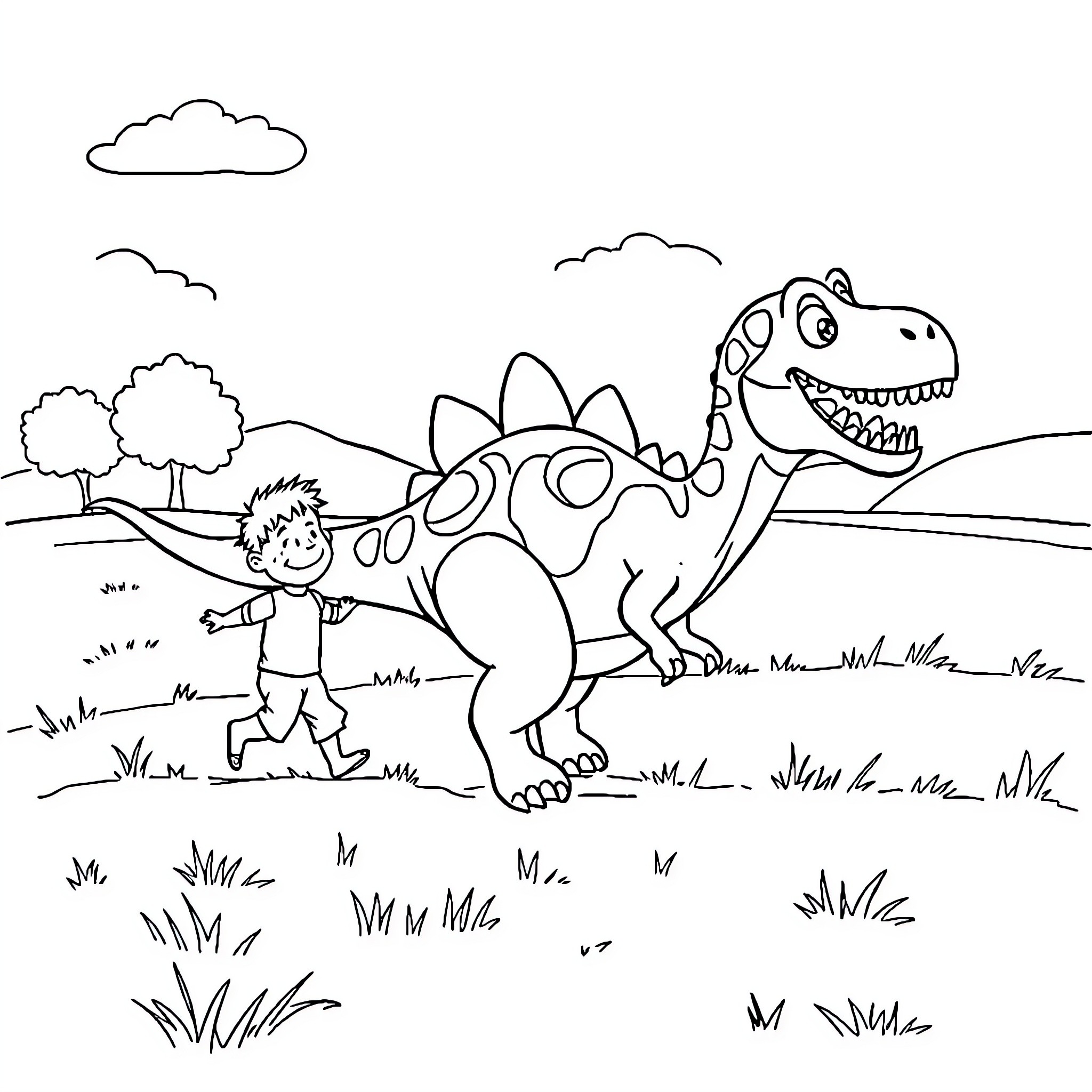 Dinosaur playing with a young boy in the park Coloring Page (free black-and-white line drawing printable PDF for all, from beginners to advanced learners, including children, teens, adults, and seniors)