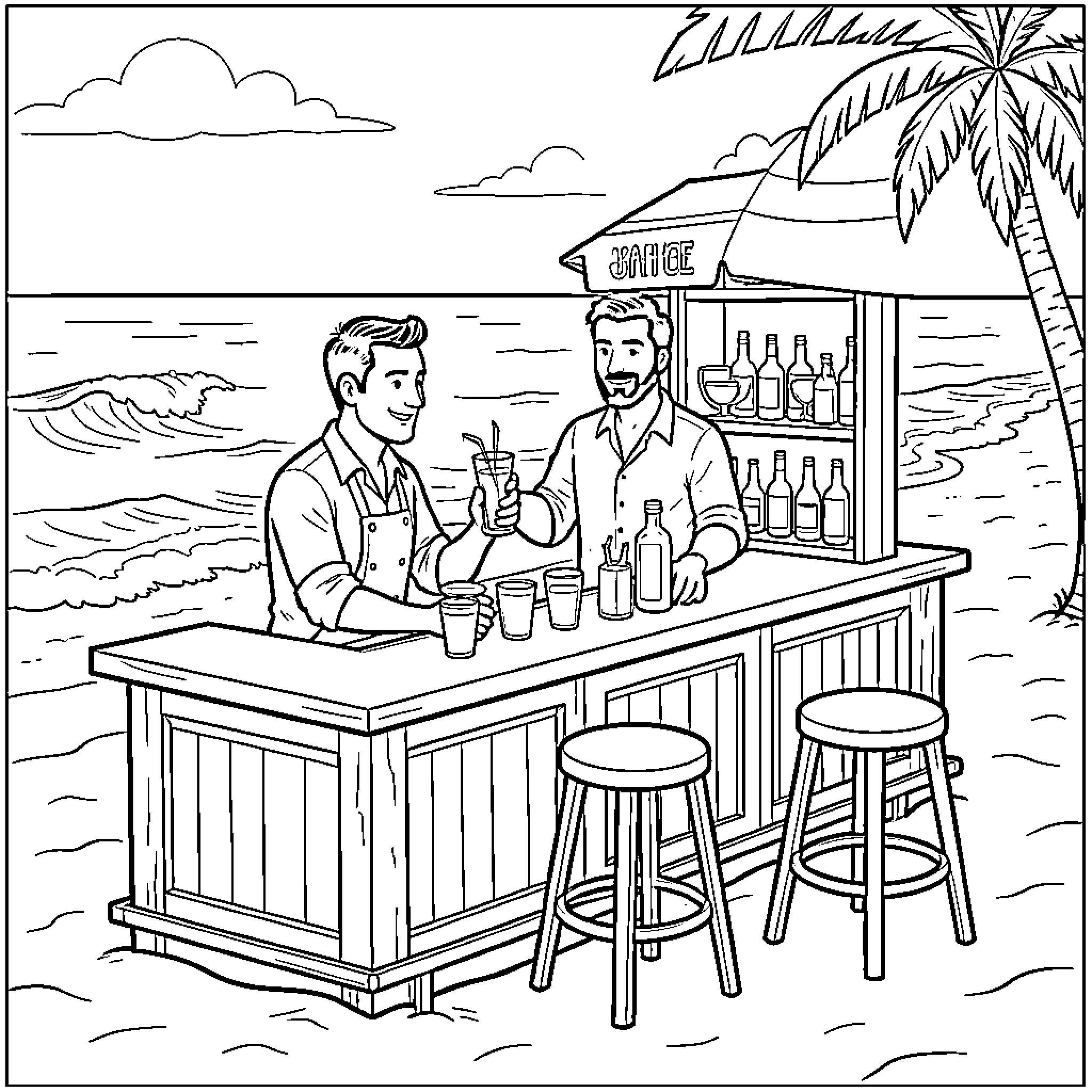 Barman serving a refreshing drink at a beach bar Coloring Page (free black-and-white line drawing printable PDF for all, from beginners to advanced learners, including children, teens, adults, and seniors)