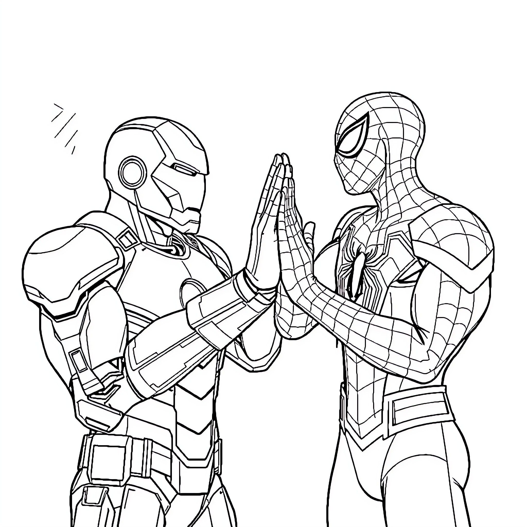 Ironman and Spiderman working together in action Coloring Page (free black-and-white line drawing printable PDF for all, from beginners to advanced learners, including children, teens, adults, and seniors)